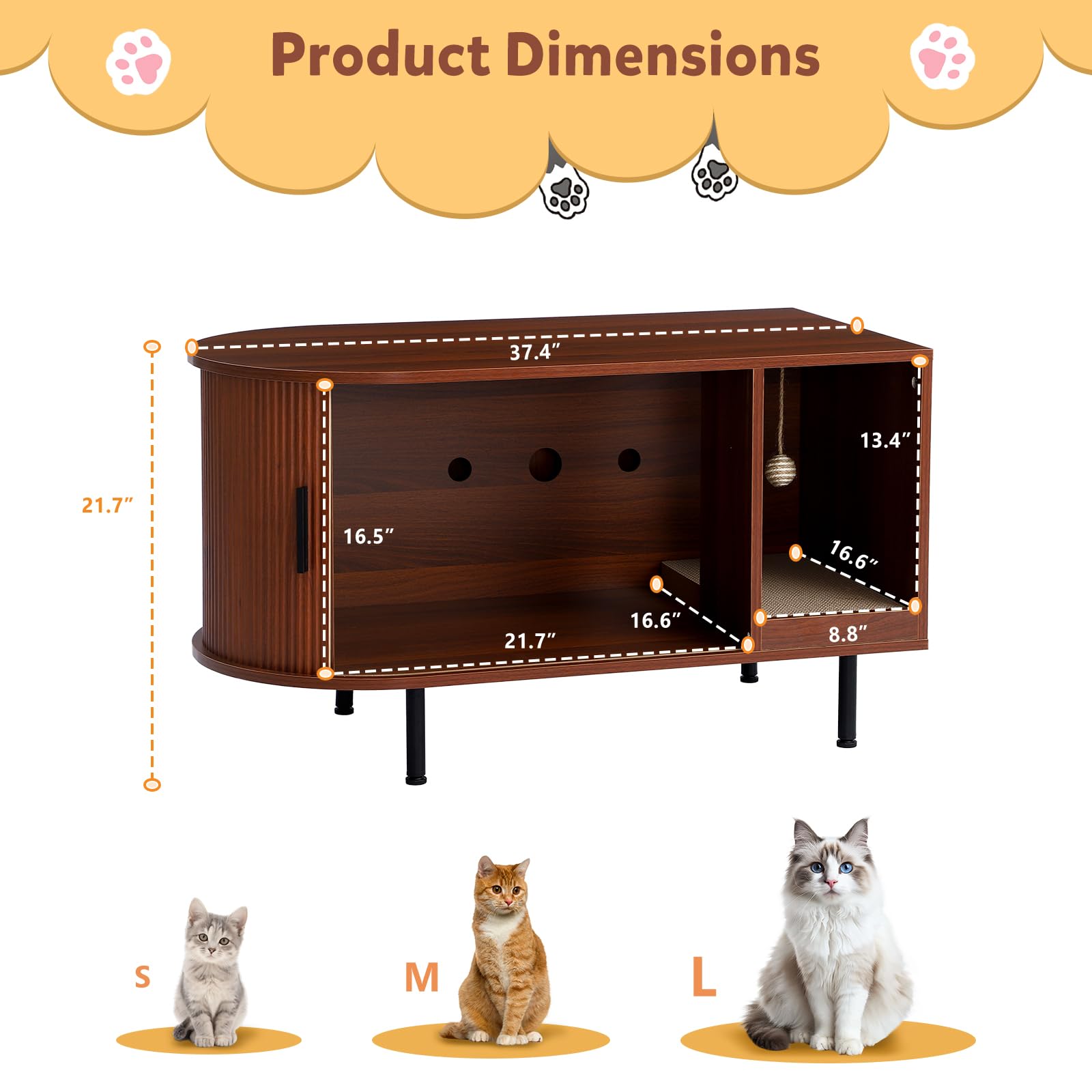 Cat Litter Box Furniture, Hidden Litter Box Cabinet with Cat Scratch Pad and Ball, Wooden Cat House Enclosure for Living Room, Bedroom, Entrance (Brown, 37.4" L x 16.6" W x 21.7" H) - image 6