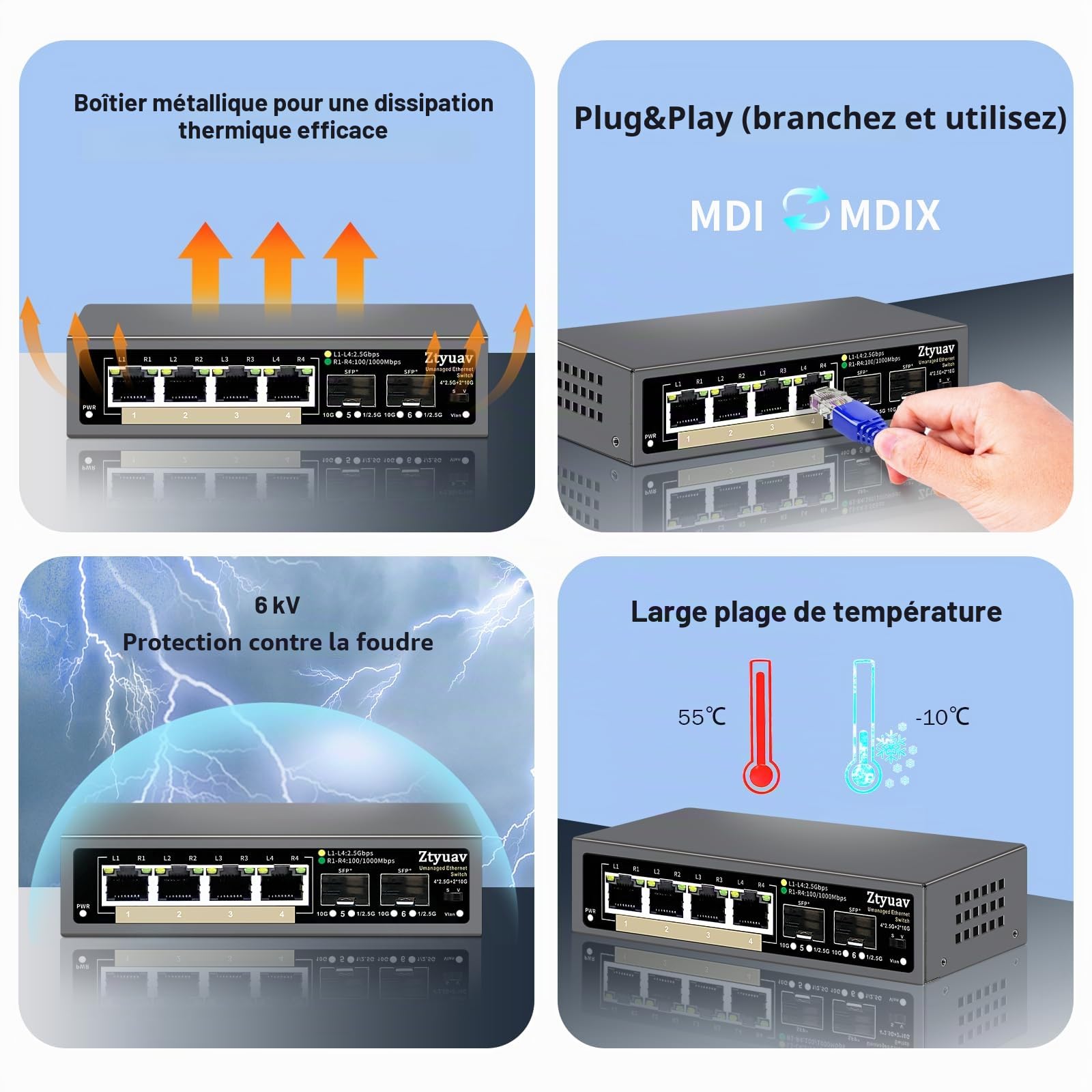 Commutateur Ethernet 2,5 G Non géré à 6 Ports avec 4 Ports RJ-45 Base-T 2,5 G, 2 Ports SFP + 10 G, Vitesse de négociation Automatique 100/1000/2500 Mbps, VLAN à Une Touche, Plug & Play, sans(6)