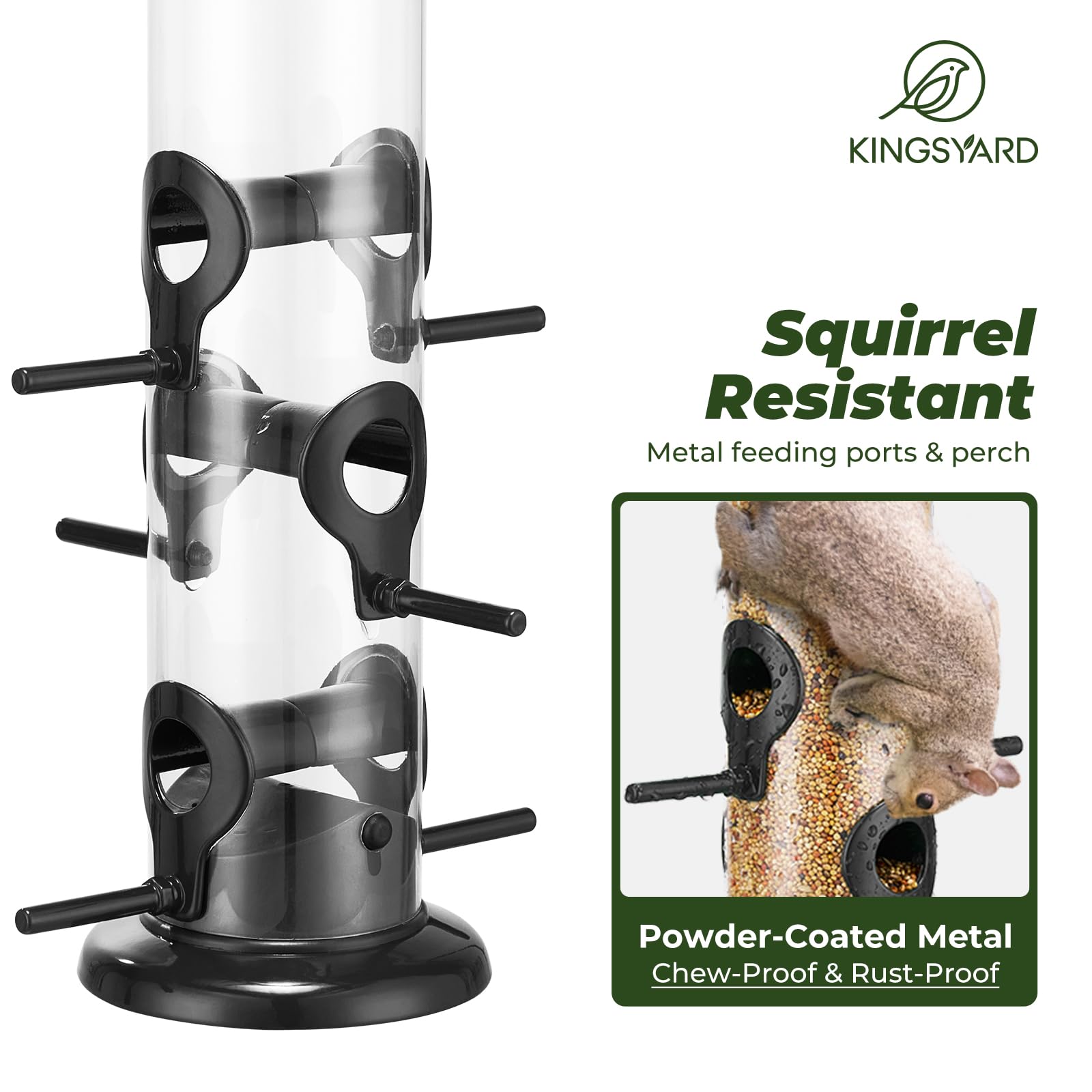 Kingsyard Comedero de metal para pájaros para colgar al aire libre, tubo extragrueso con colgador de acero y 6 puertos, 15 pulgadas, a prueba de mordeduras, resistente a la intemperie y al agua, color