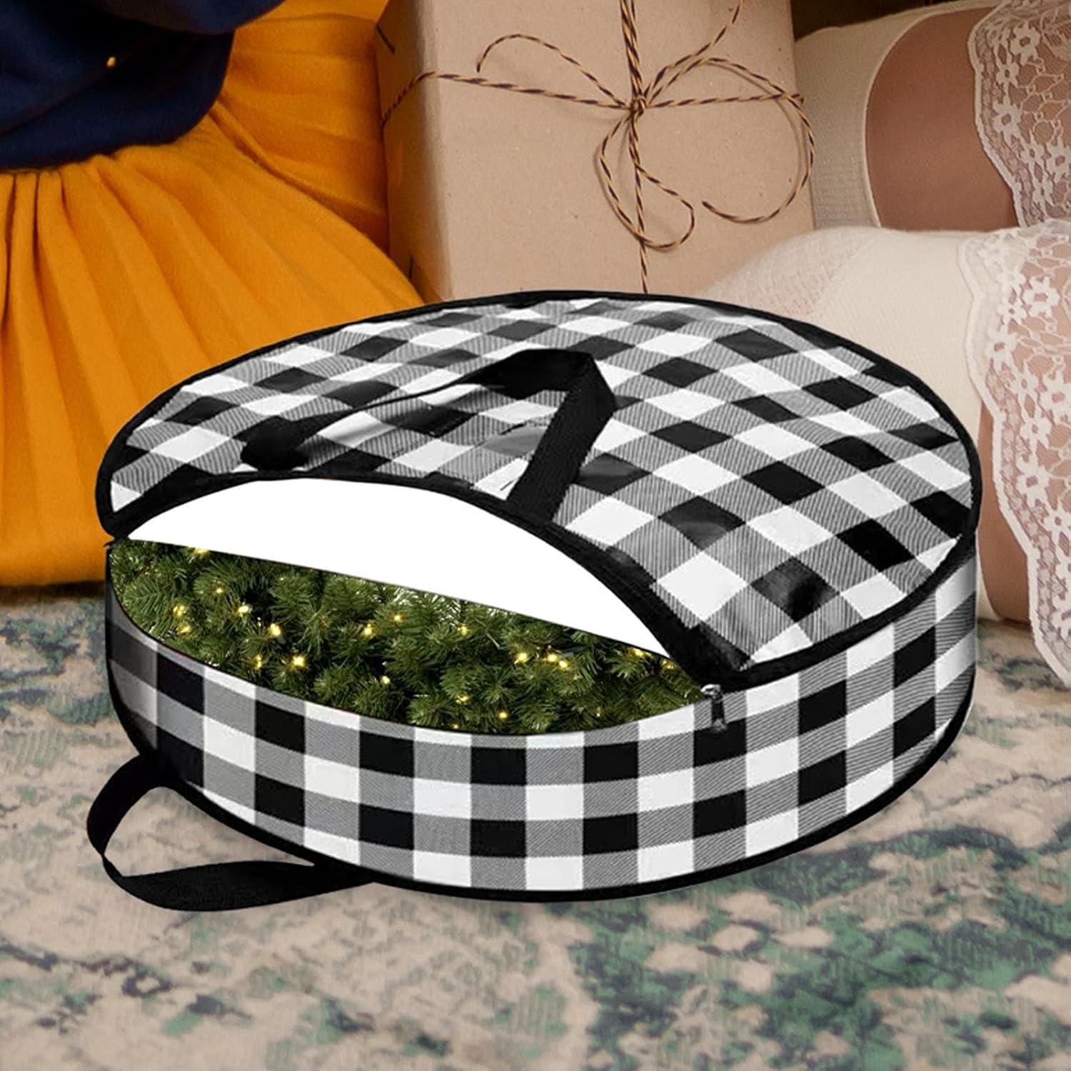 Christmas Wreath Storage Bag Plaid Pattern Garland Container Wreath | Dustproof Box for Halloween Thanksgiving Easter Living Room Balcony Garage Basement