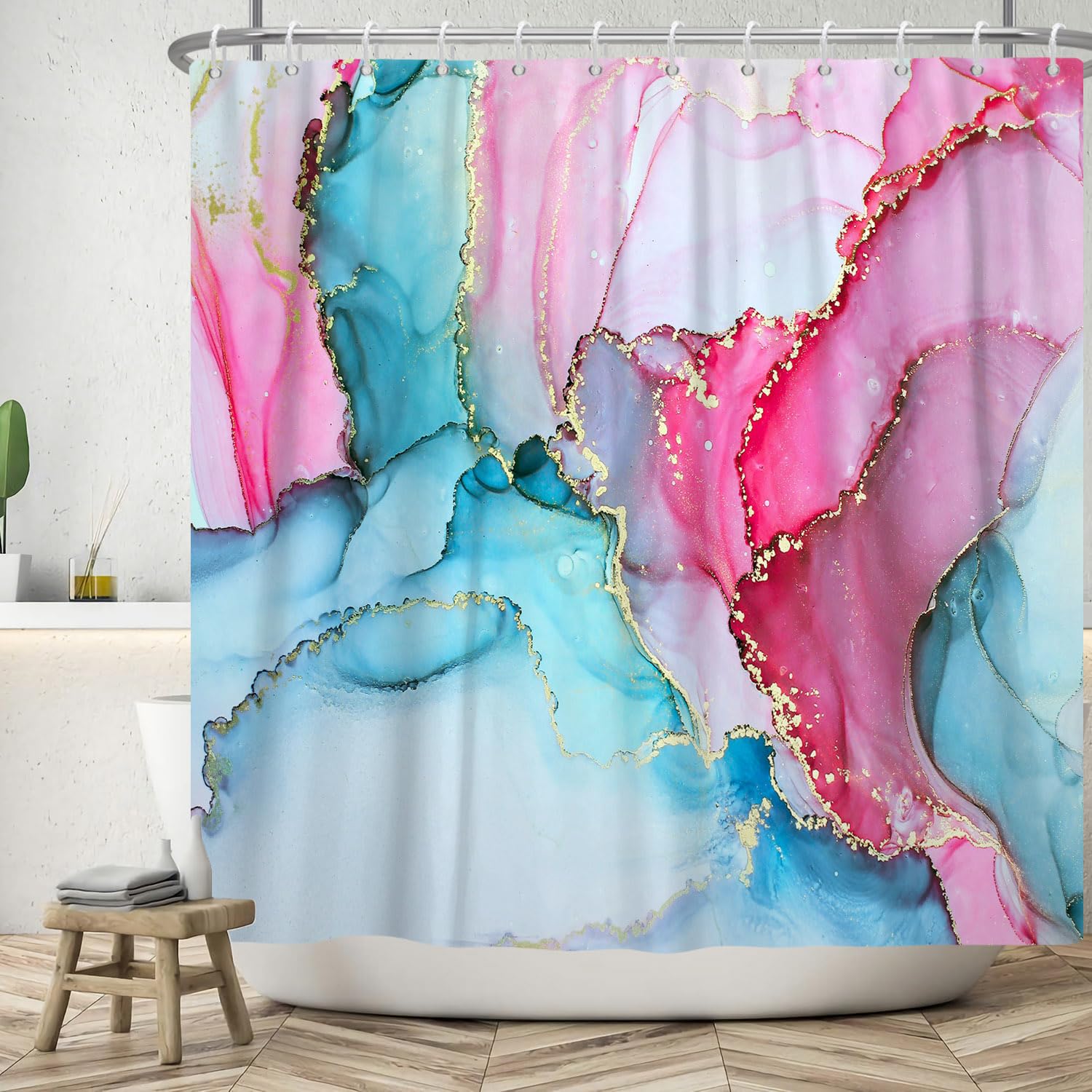 ASDCXZ Marble Shower Curtain 150x180 cm, Modern Abstract Blue Rose Red Gold Marble Optic Texture Washable Bath Shower Curtains Polyester Textile Waterproof Shower Curtain for Bathtub with 10 Hooks