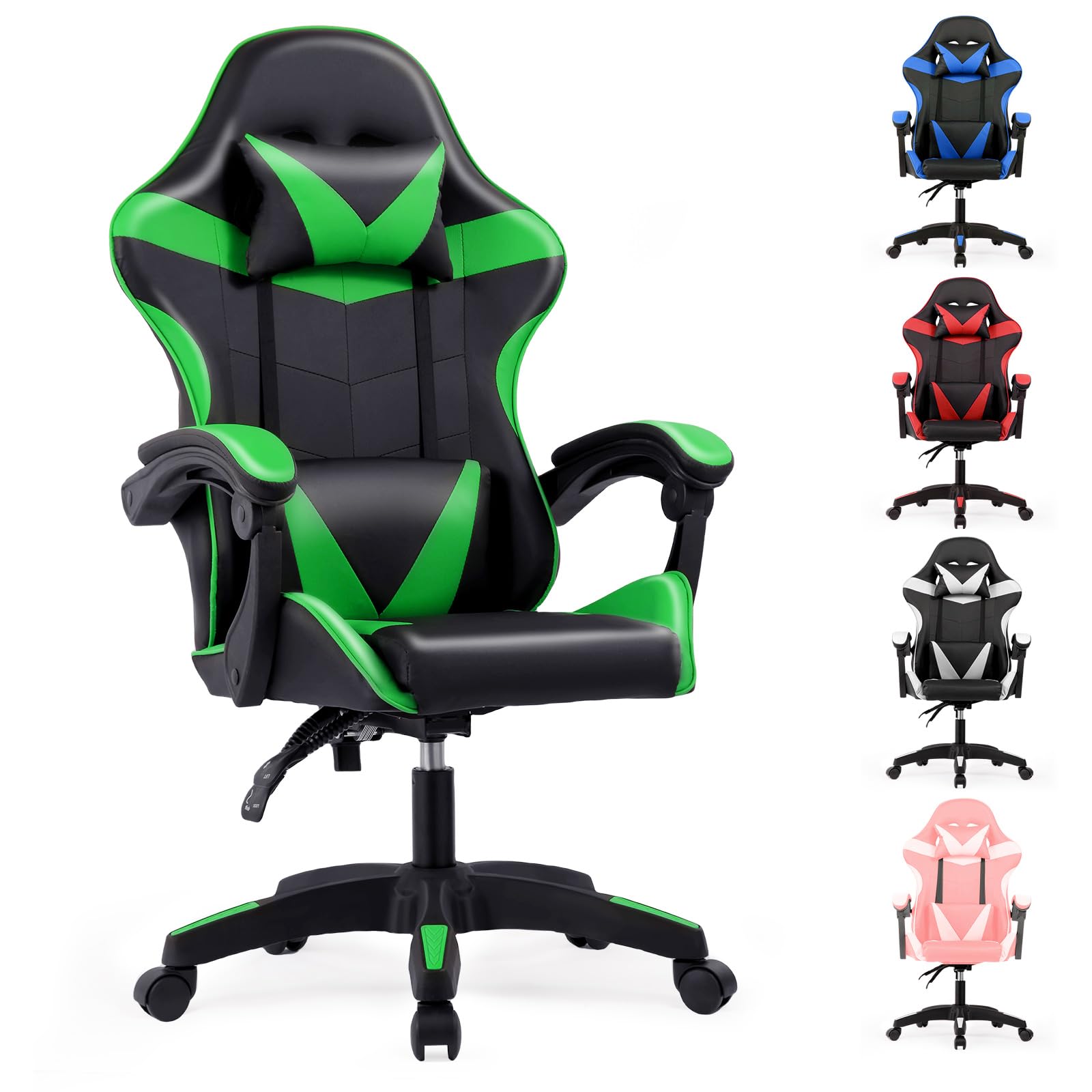 Lishetimig Gaming Chair, Computer Chair with Lumbar Cushion, Headrest, Height-Adjustable Ergonomic Gaming Chairs for Home, Office (Green)