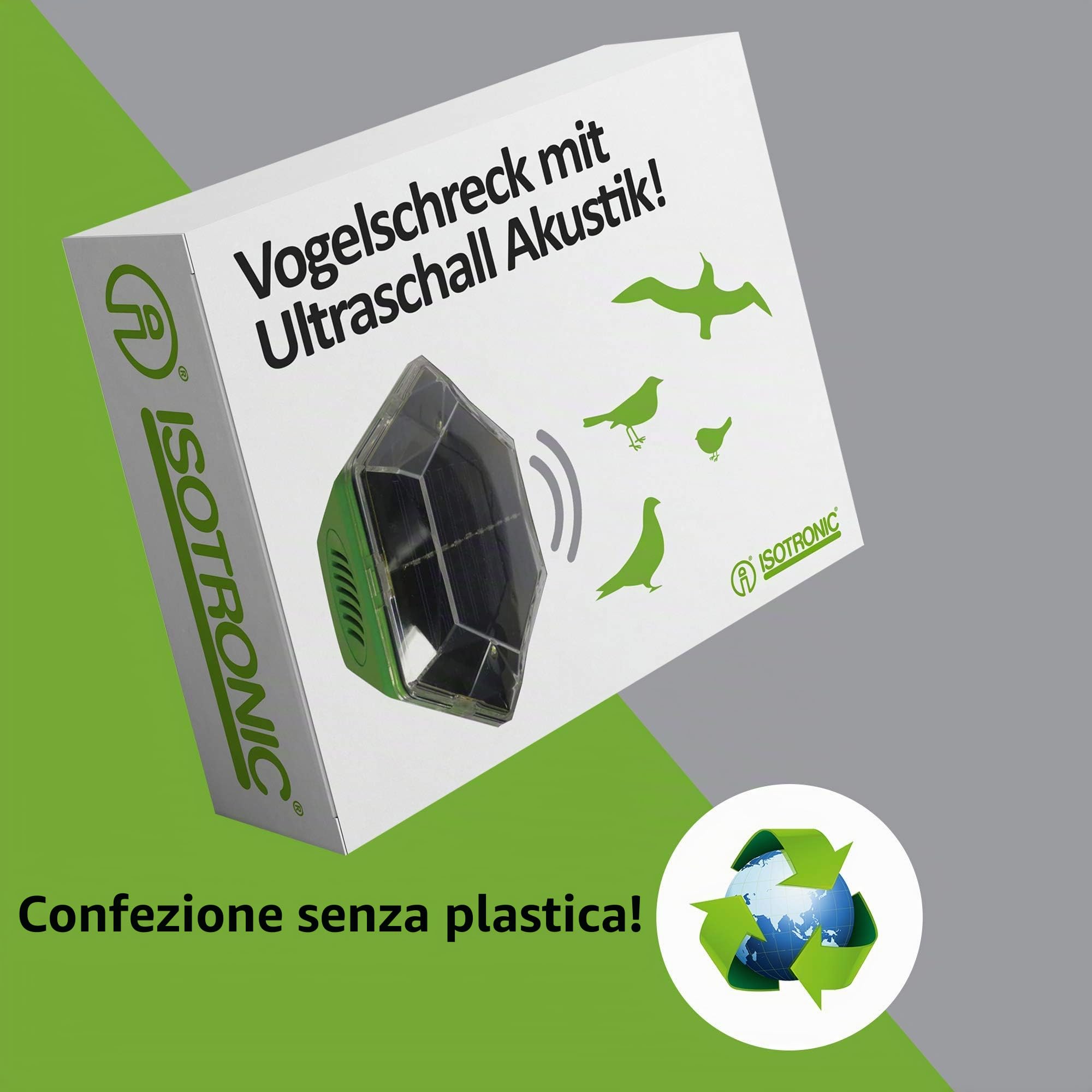 ISOTRONIC dissuasore solare uccelli luce lampeggiante ultrasuoni piccioni passeri gabbiani corvi balcone giardino raggio 150m² 2 unità efficace esterno protezione difesa stop volatili ecologico