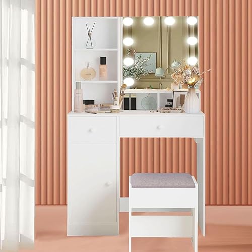 Juego de tocador iluminado con cajón, gabinete, espejo de brillo ajustable, tomacorriente, taburete, color blanco