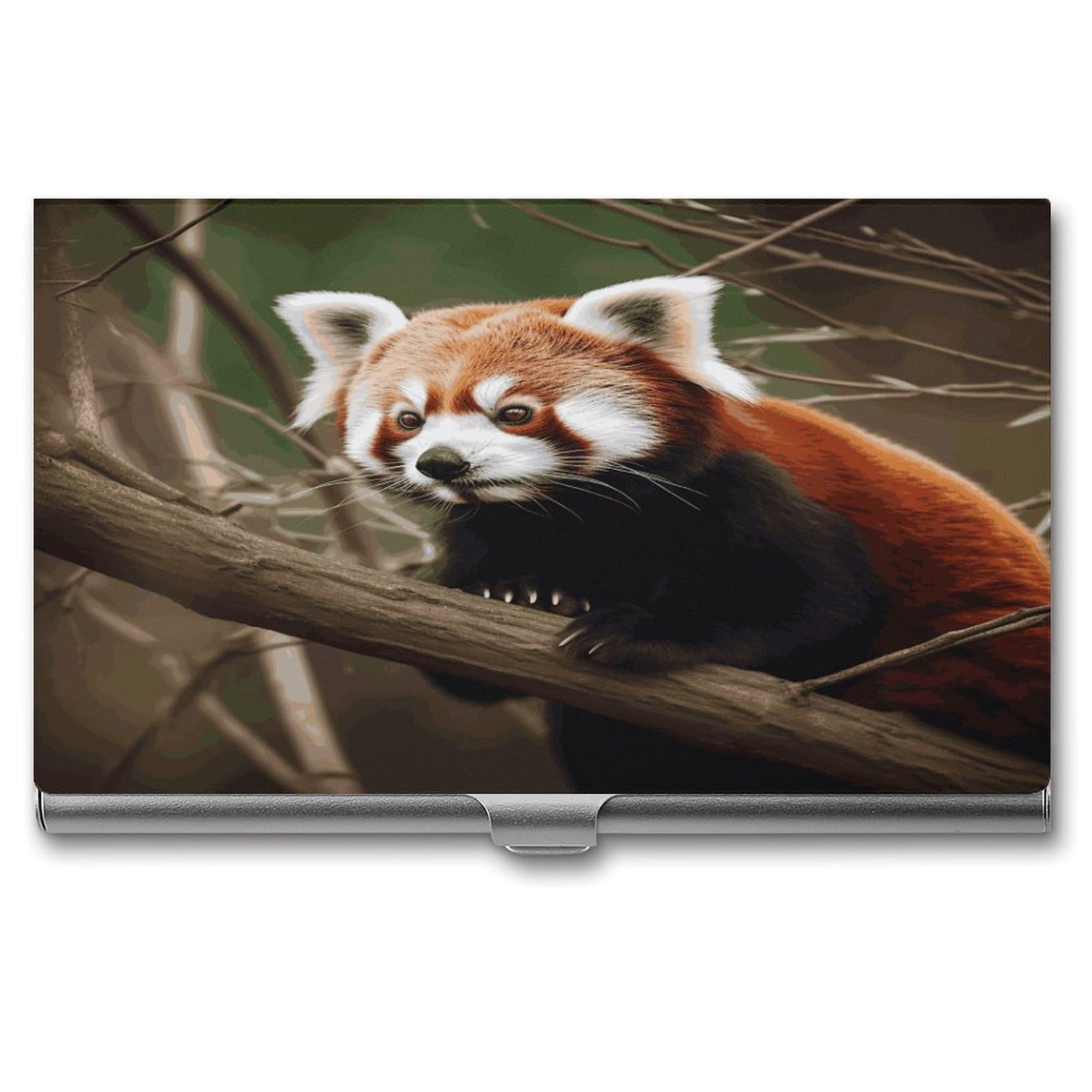 LDGSUPH Red Panda on Tree Branch Business Card Holder Fashion Slim Name Card Holder Minimalist Design Case Metal Card Carrier Personalized Business Card Case with Flip for Men Women