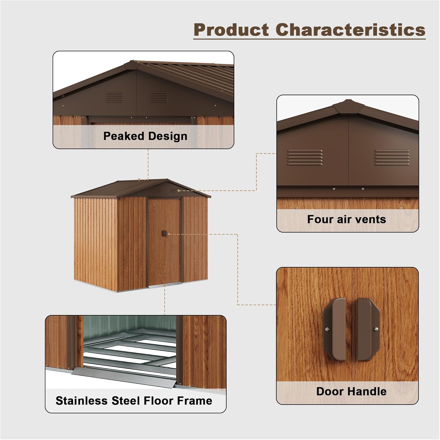 Детално view of the shed's peaked roof design and four air vents.