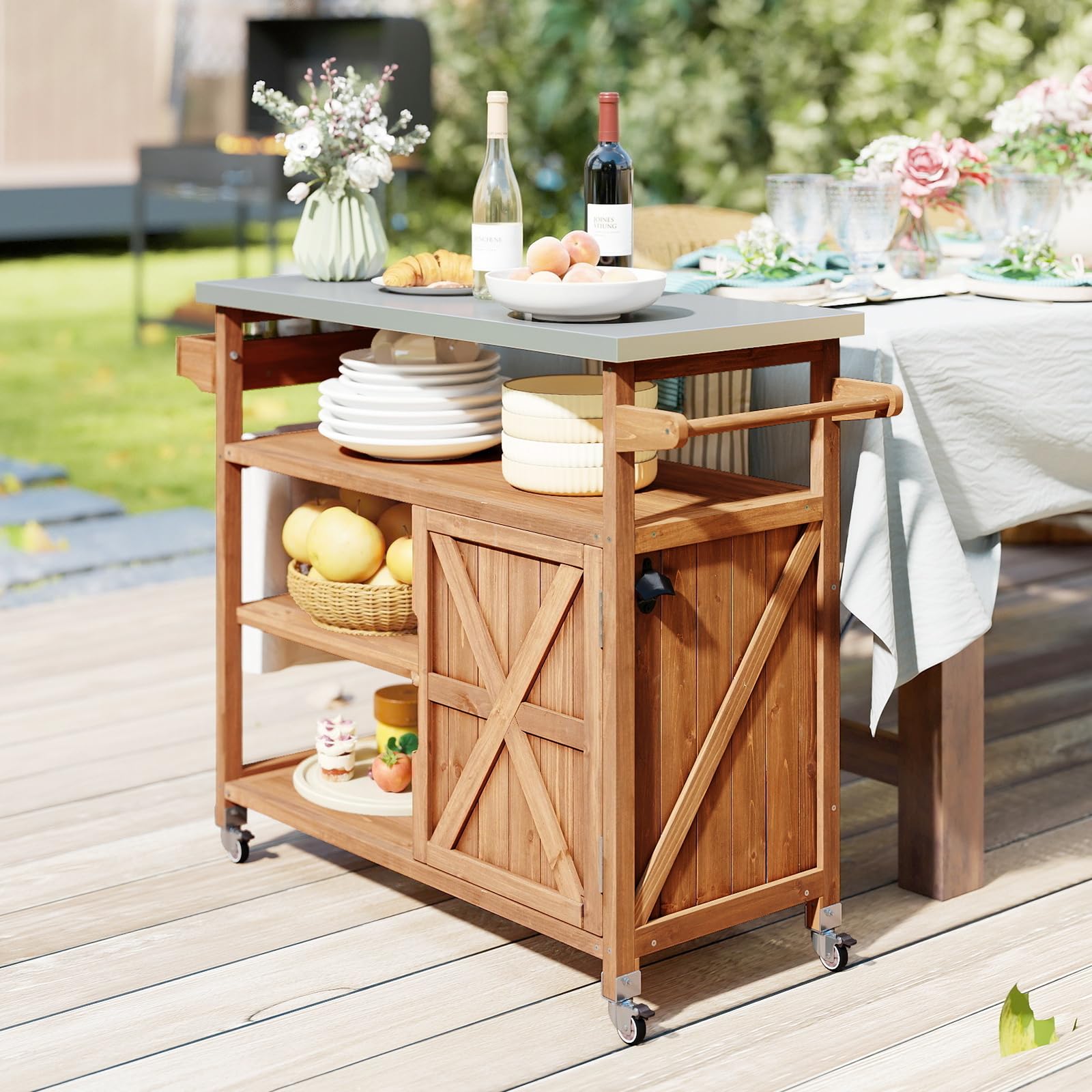 GIANTEX Grillwagen Servierwagen Outdoor, Küchenwagen auf Rollen, Kücheninsel mit Edelstahl Arbeitsplatte, Grill Beistelltisch mit Gewürzregal & Schrank & Handtuchhalter, BBQ Grillwagen,118x47x92 cm