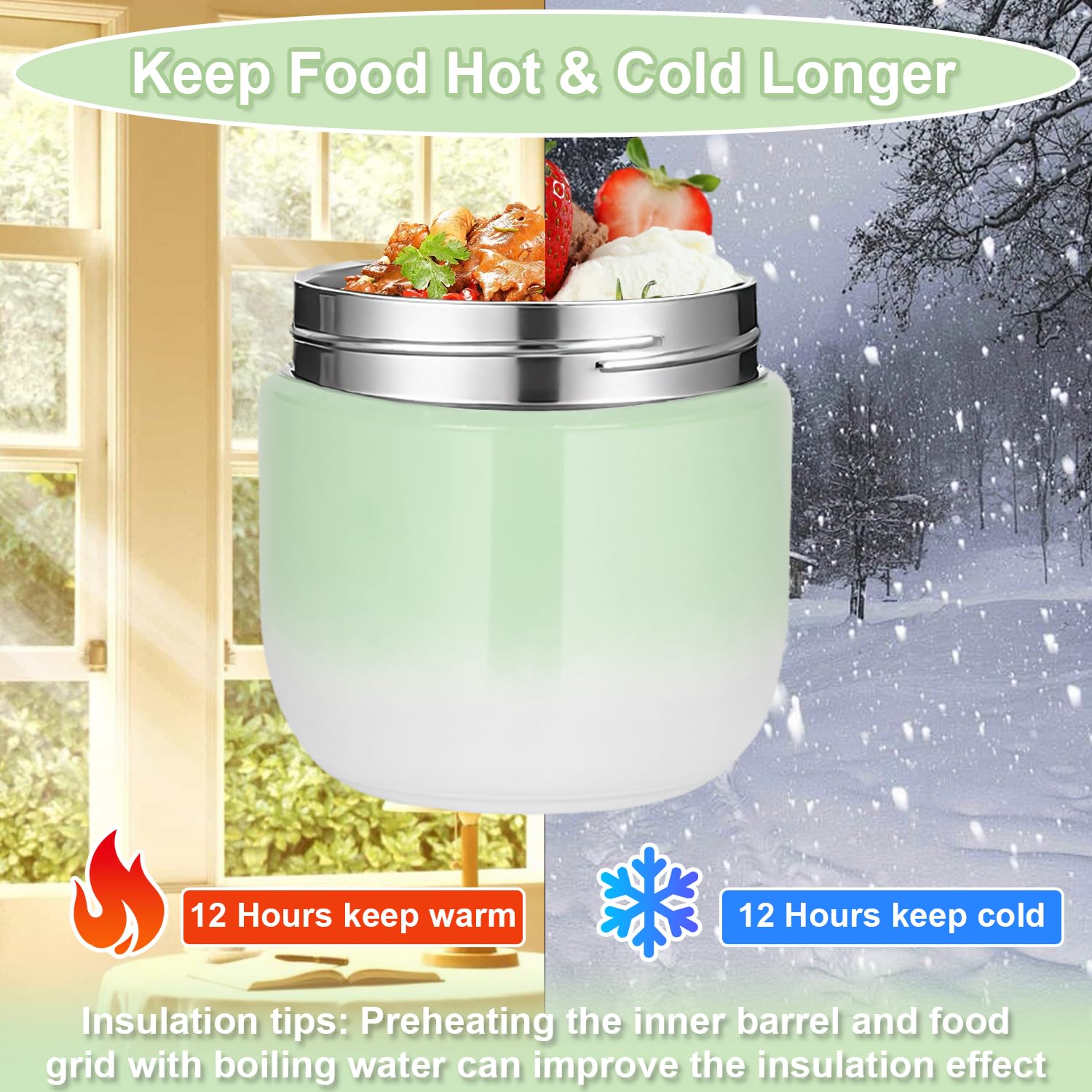 Recipiente térmico para alimentos, 1200 ml, cuenco térmico con tapa, Termo para Comida de acero inoxidable con cuchara plegable, Adecuado para almacenar harina, sopa, almuerzo, queso (Verde)