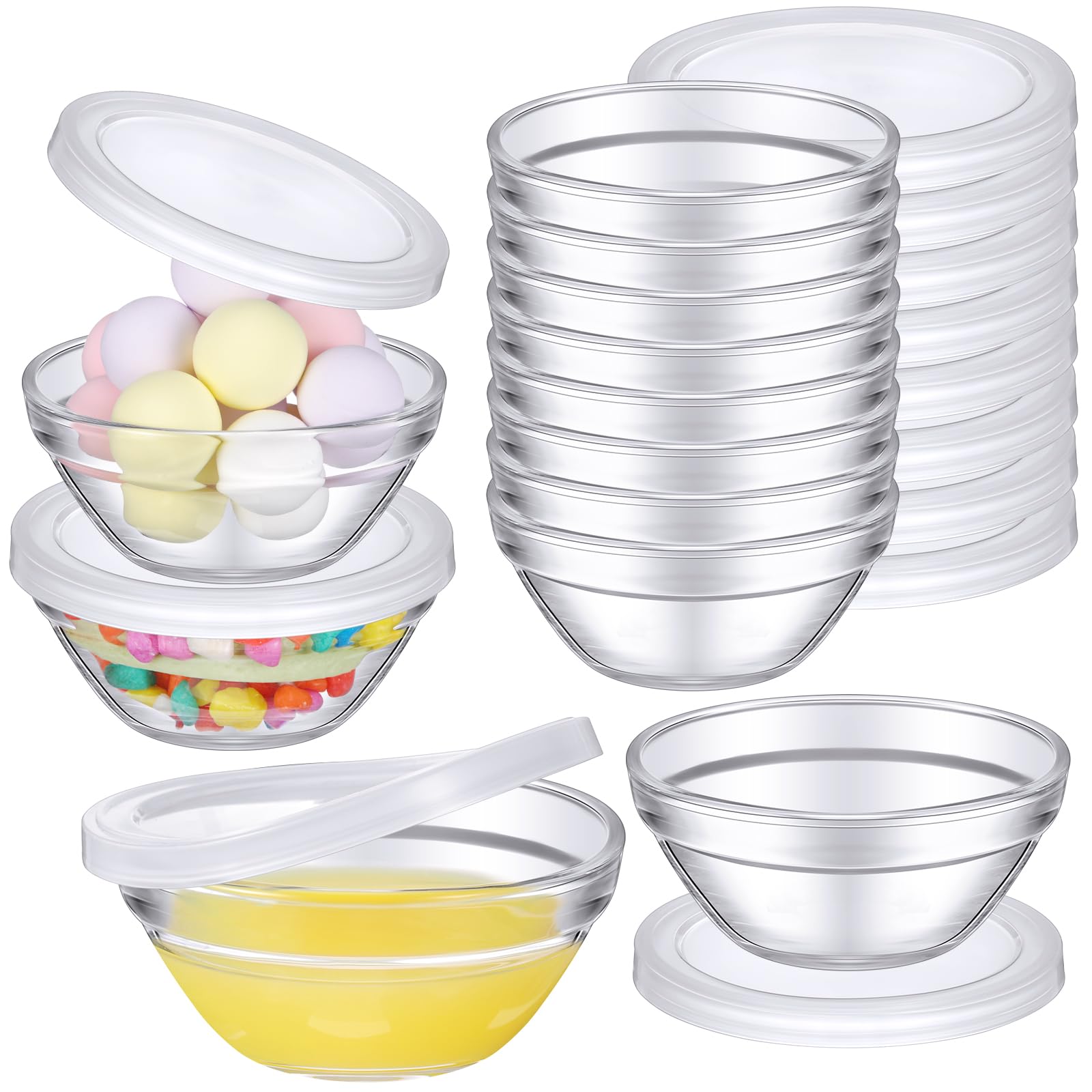 Tioncy 12 Pack Small Glass Bowls with lids 2.95 Inch Mini Dipping Bowls Pinch Sauce Containers for Party Serving Spices Ketchup Snacks BBQ Dessert
