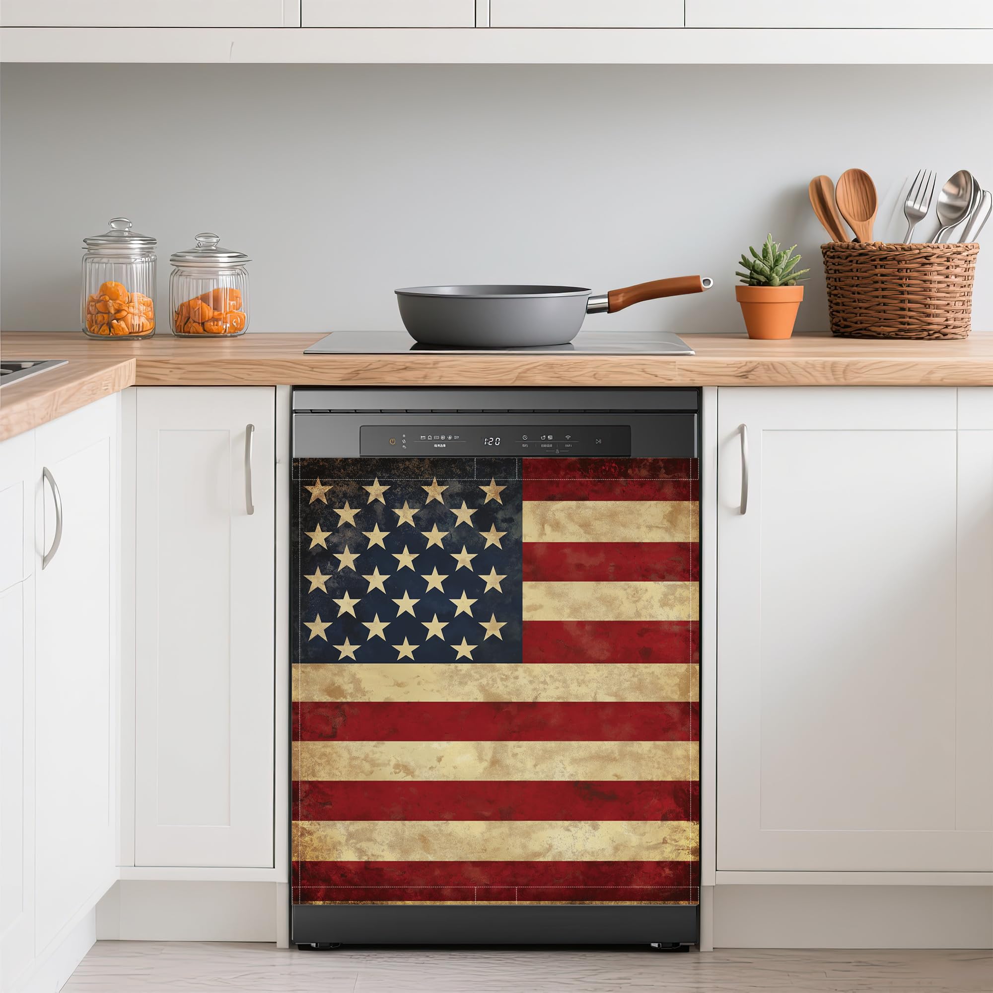 Retro American Flag Dishwasher Magnets Decorative Cover,Memory Day Waterproof Magnetic Dishwasher Cover Panel,Refrigerator Magnet Cover for Kitchen Home Decor 23x26 Inch