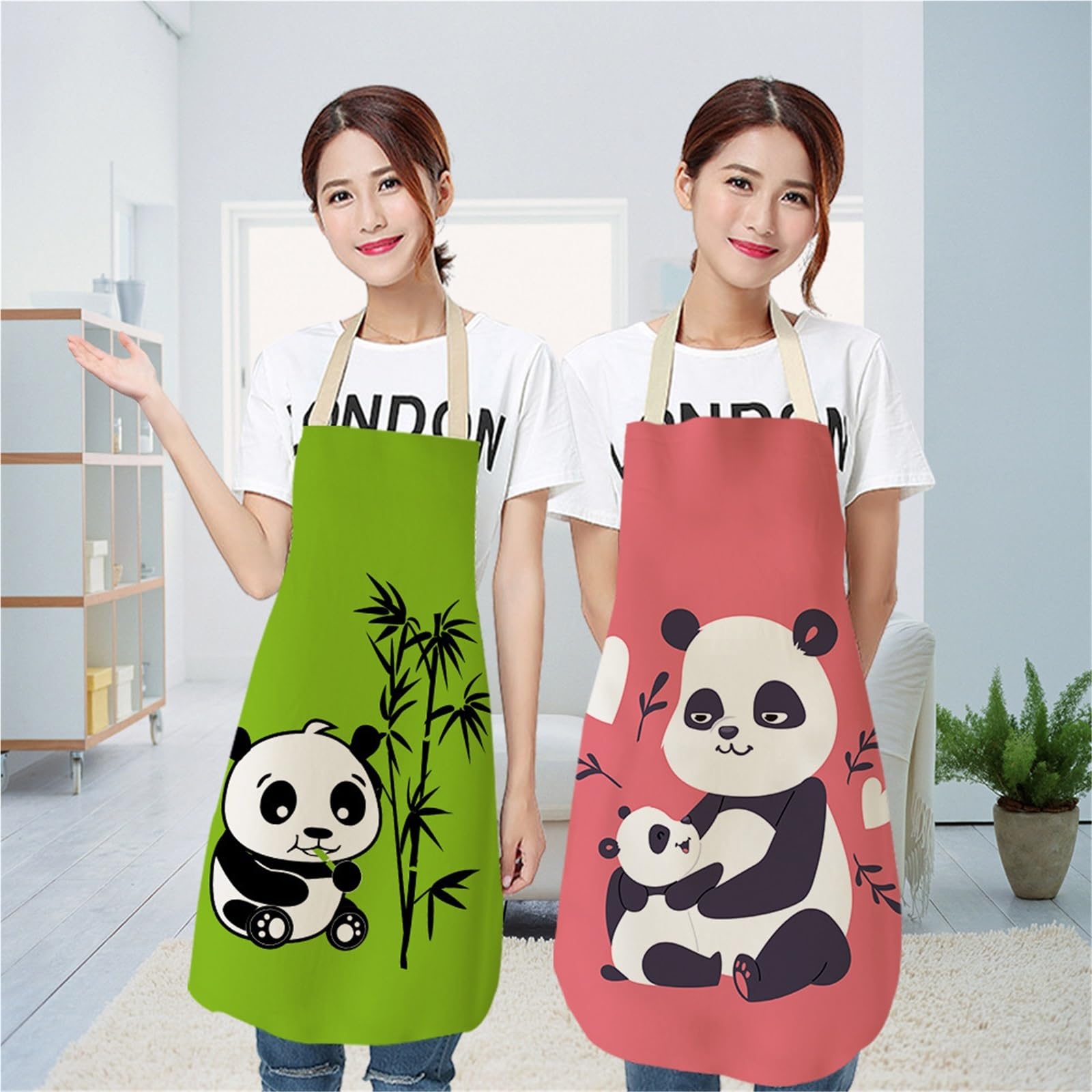 Generico Grembiule in lino Cartoon Panda, grembiule da cucina rosa unisex per cottura al forno e cucina