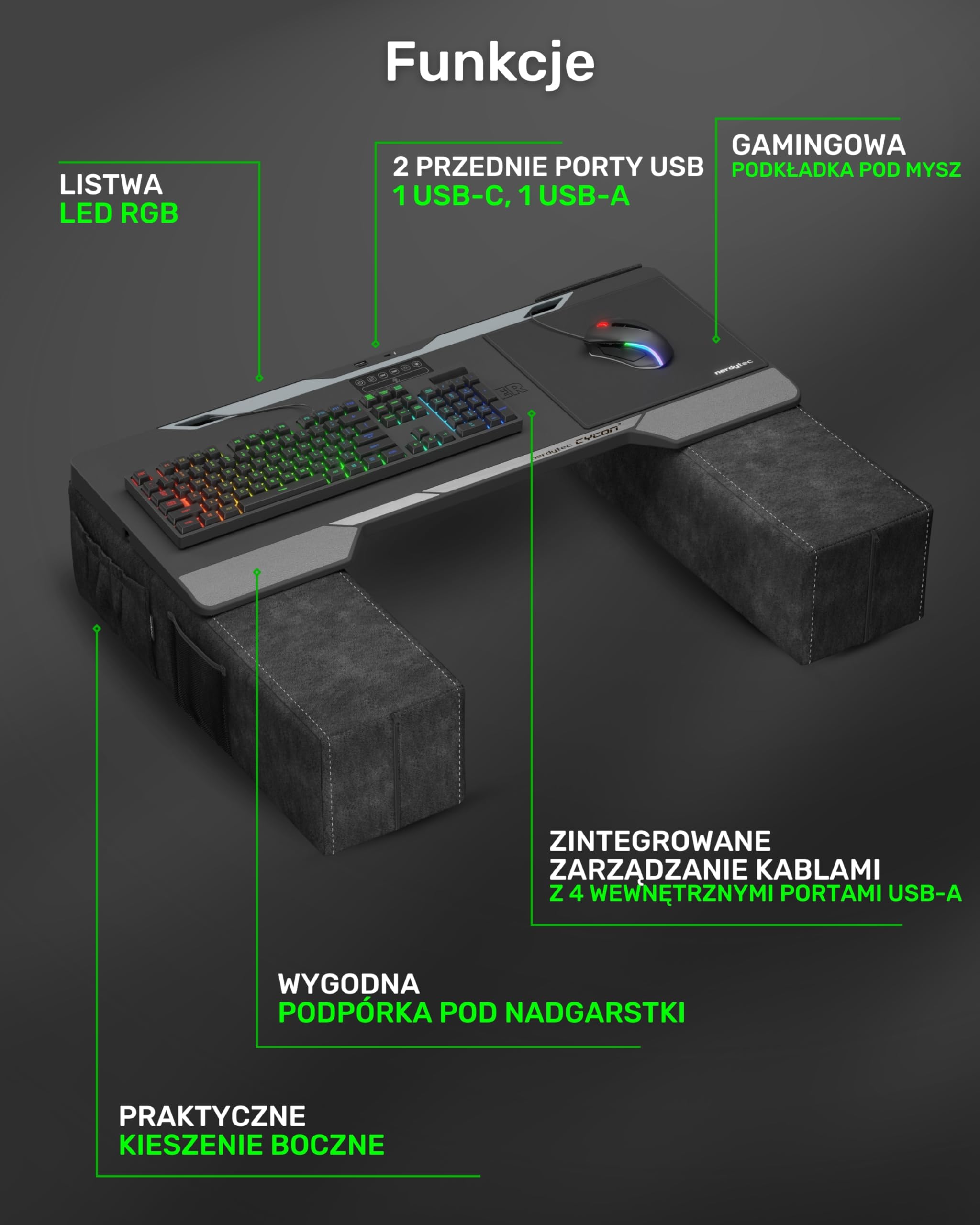 Couchmaster CYCON³ Czarny z HORIZONLIGHT – Ergonomiczny Gaming Lapdesk do kanapy i łóżka – Lapboard z koncentratorem USB – Duży i stabilny (PC, PS4/5, Xbox One/Series X, laptopy)