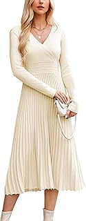 OUGES Knitted Dress Women's Autumn 2025 Midi Pleated Long Sleeve Winter Dresses V-Neck Casual Autumn Dress