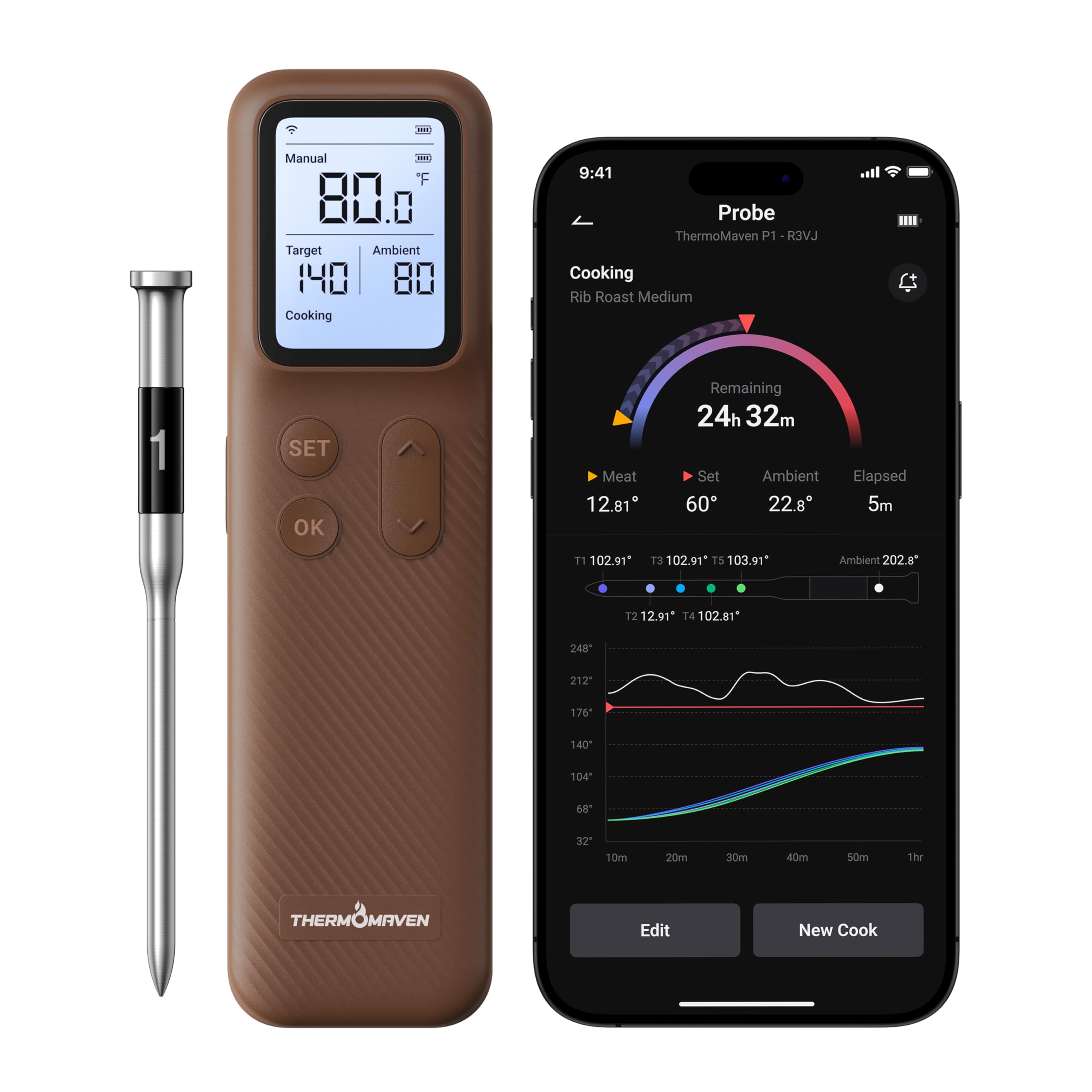 ThermoMaven Smartes Bluetooth Fleischthermometer Kabellos, Basisstation, WLAN Unbegrenzte Reichweite, NIST-zertifizierte Genauigkeit, App Warnungen, Für Grill, Ofen, Smoker, BBQ (Dunkelbraun)