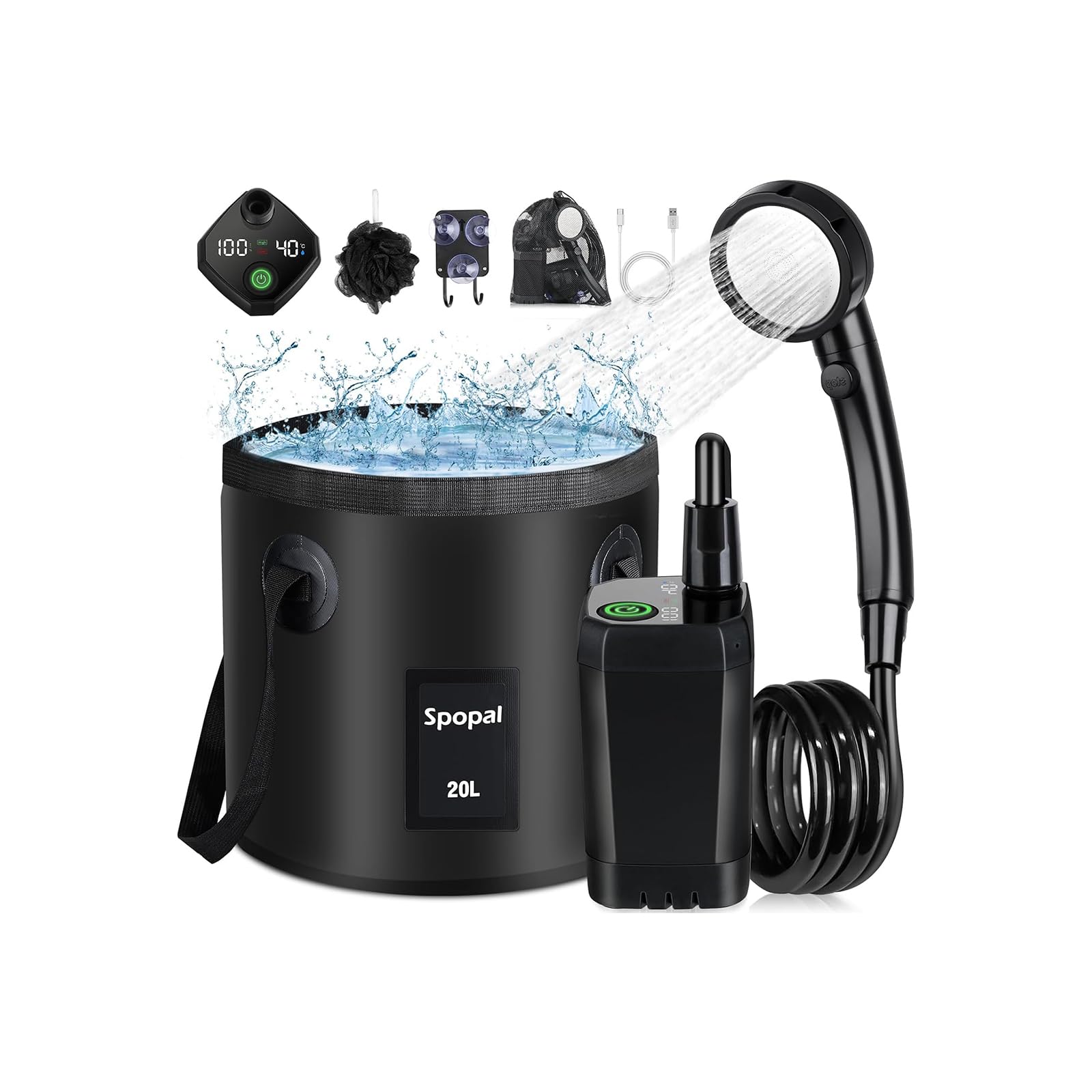 Spopal Portable Shower for Camping, Rechargeable Camping Shower Pump with Folding Bucket, 6000mAh, IPX7 Waterproof, LED Display, 4 Spray Modes, Camping shower for Hiking, Travel, Car, Pet