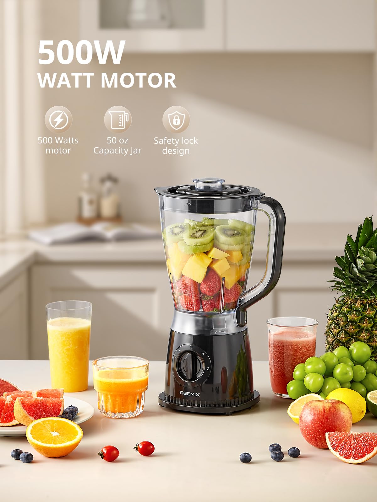 Batidora de 500 W, 1,5 L con 2 velocidades y función de pulso, cuchillo de acero inoxidable, tapa extraíble con vaso medidor, vaso mezclador apto para lavavajillas para batidos y batidos