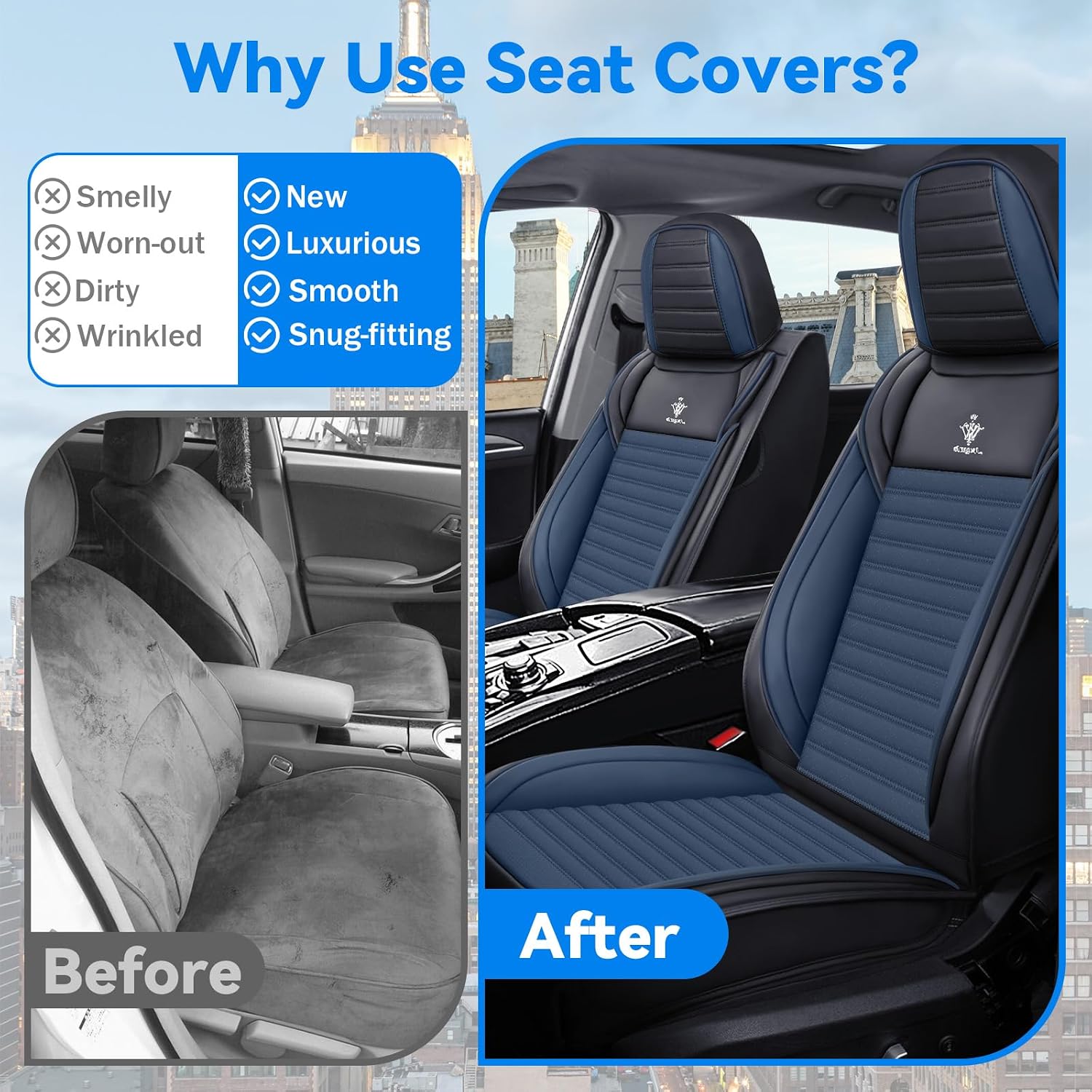 Car Seat Covers Compatible with Ford Mustang 1999-2026 Wear-Resistant Premium Material, Skin Friendly Touch, Zipper Design Seat Cover(2 Pcs Front, Black Blue)