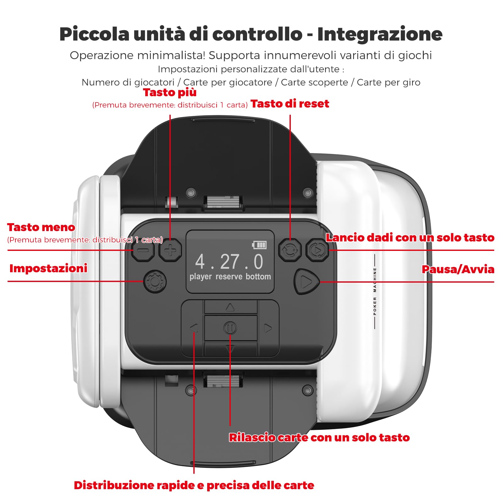 Trasmettitore automatico di carte e mixer per carte con funzione di rotazione a 360°, allocazione personalizzabile per molti giocatori, angolo di uscita versatile, compatibilità (con