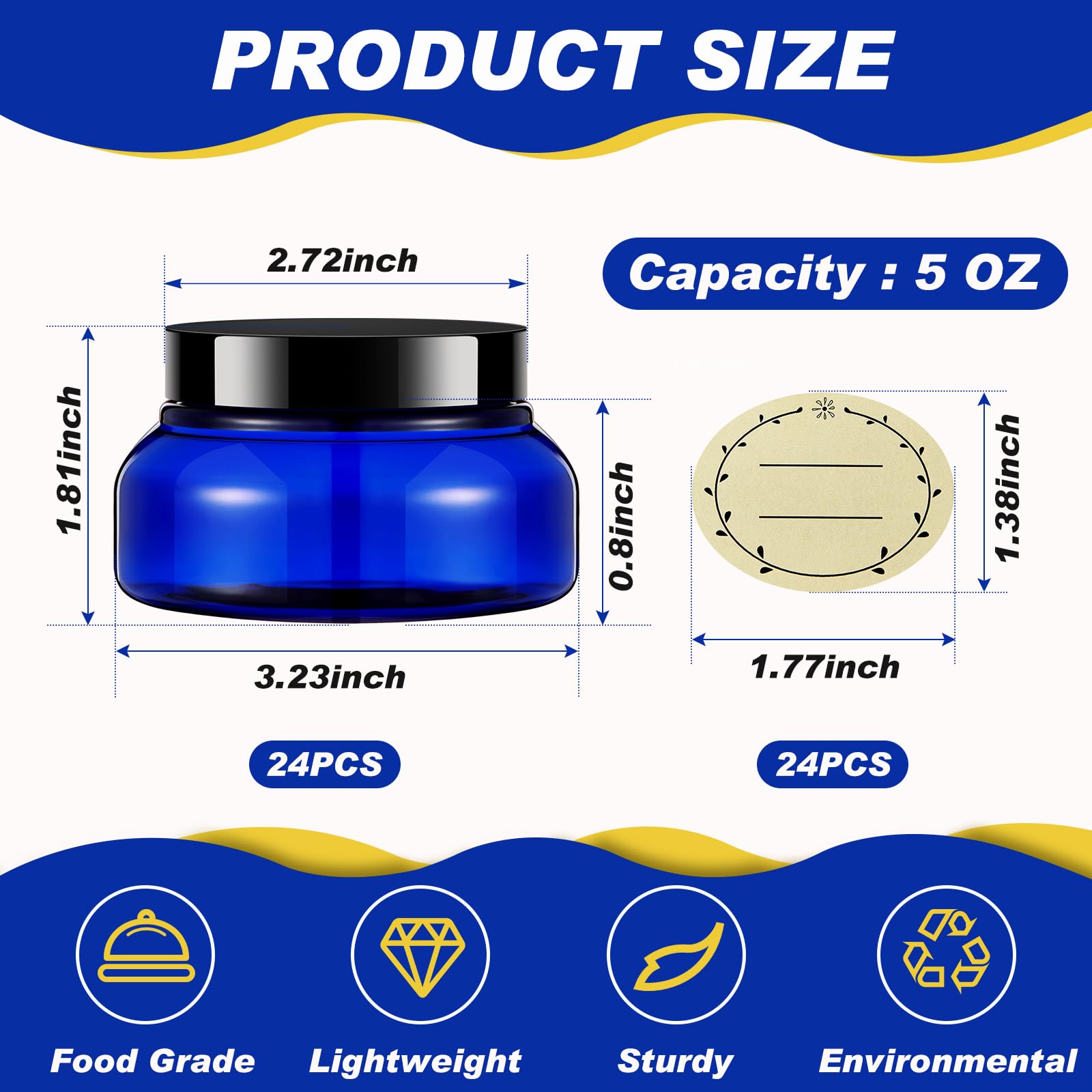 Tessco Confezione da 24 barattoli in plastica con coperchio, contenitori rotondi ricaricabili, contenitori vuoti per cosmetici, burro, zucchero, scrub e cosmetici (blu traslucido e nero, 141,7 g)