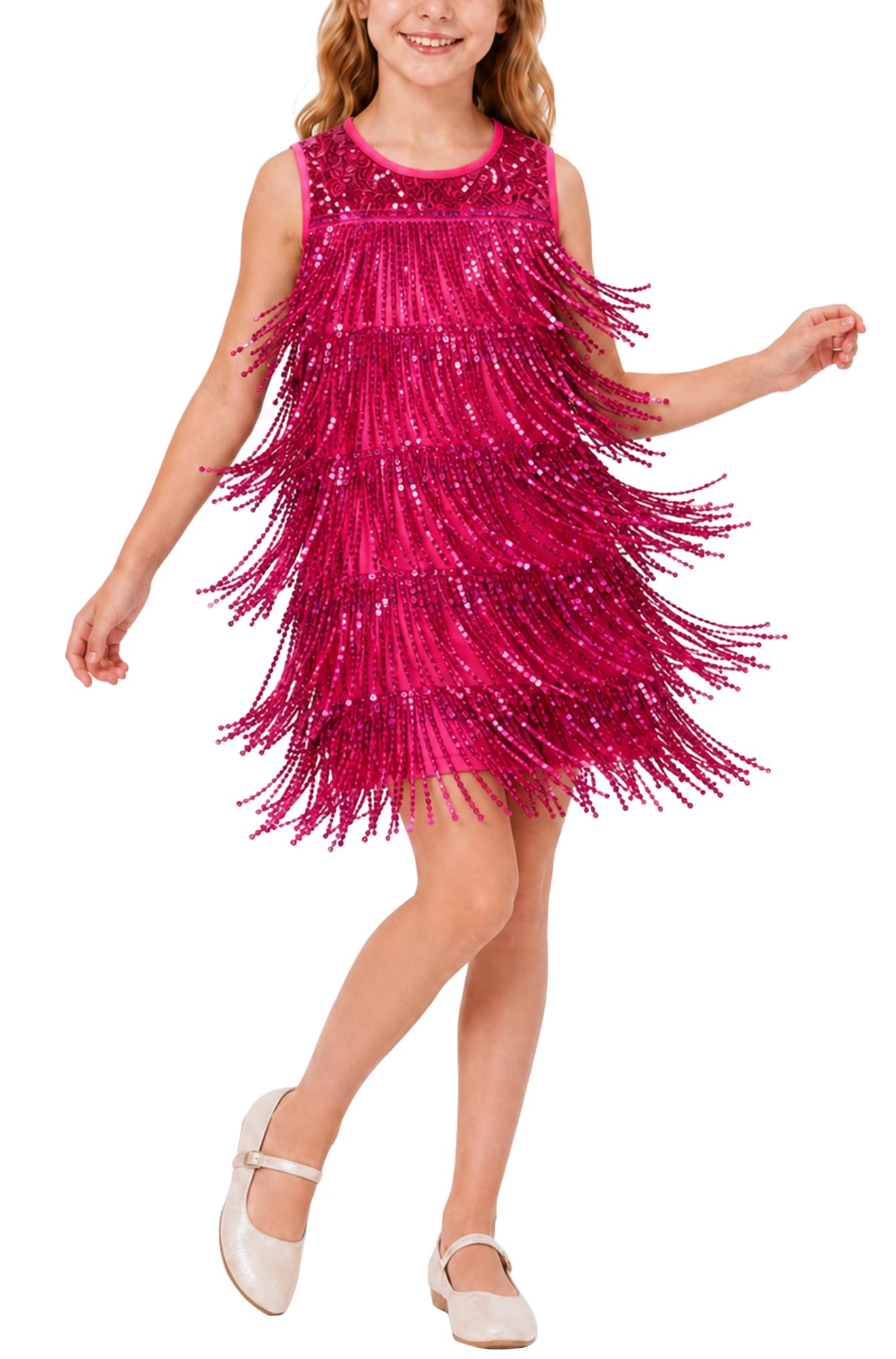 Happy Cherry Mädchenkleid mit Pailletten, Fransenkleid, ärmellos, Rundhalsausschnitt, glitzernde Quaste, Partykleid