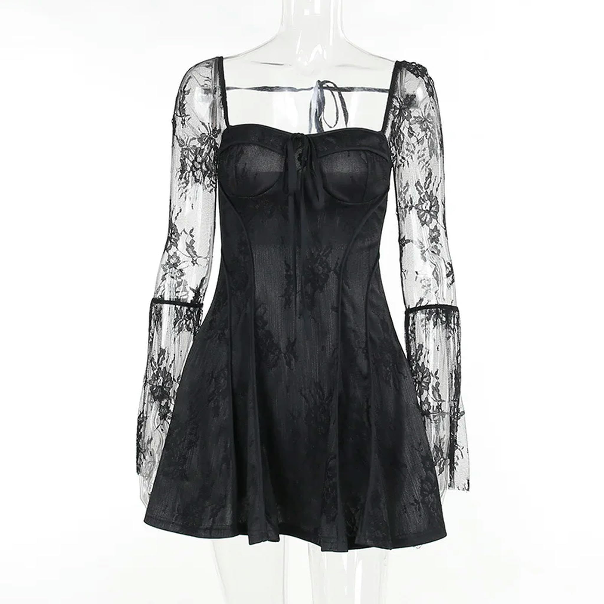 Abito da Donna a Maniche Lunghe Svasate Elegante Scollo Quadrato con Lacci e plissettatura a Trapezio, Abiti da Festa-Avorio-M