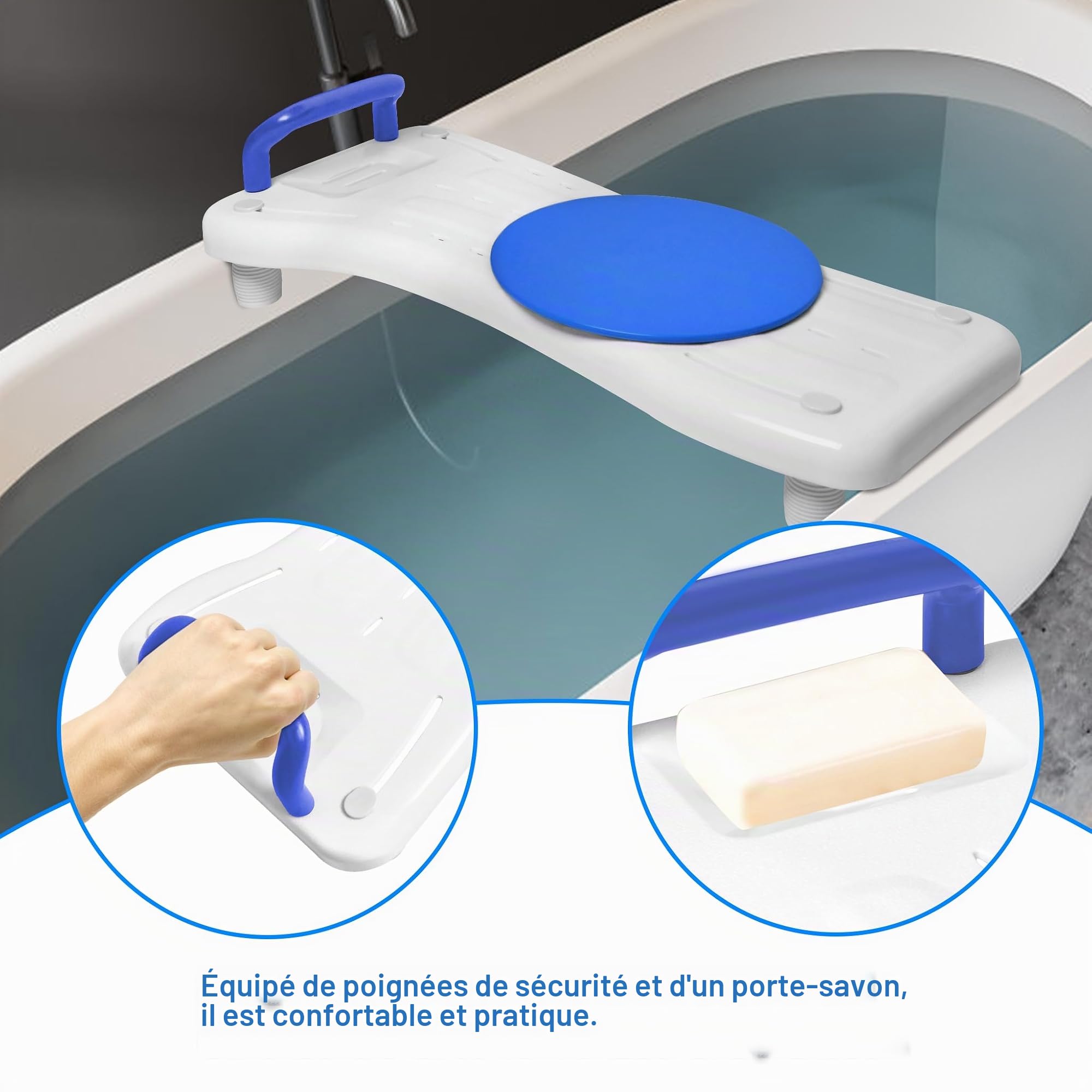 XMTECH Siège de baignoire pour personnes âgées - Planche de baignoire pour s'asseoir - Avec poignée ergonomique - Antidérapante - En plastique - Avec poignée bleue et plateau tournant