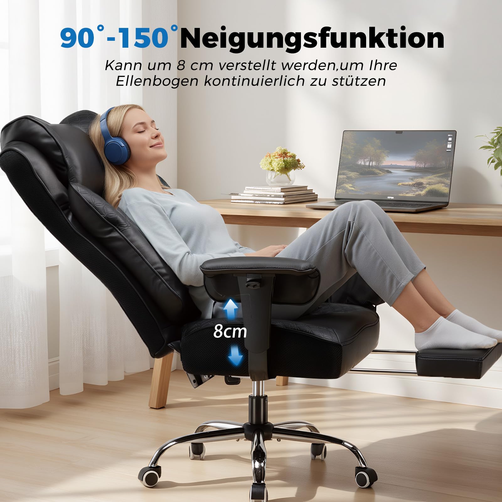 GTPLAYER Gaming Stuhl, Bürostuhl mit Fußstütze Chefsessel Schreibtischstuhl mit Taschenfeder-Kissen Ergonomischer bis 200kg, PU-Leder Höhenverstellbar Home Office Gaming Sessel, Schwarz