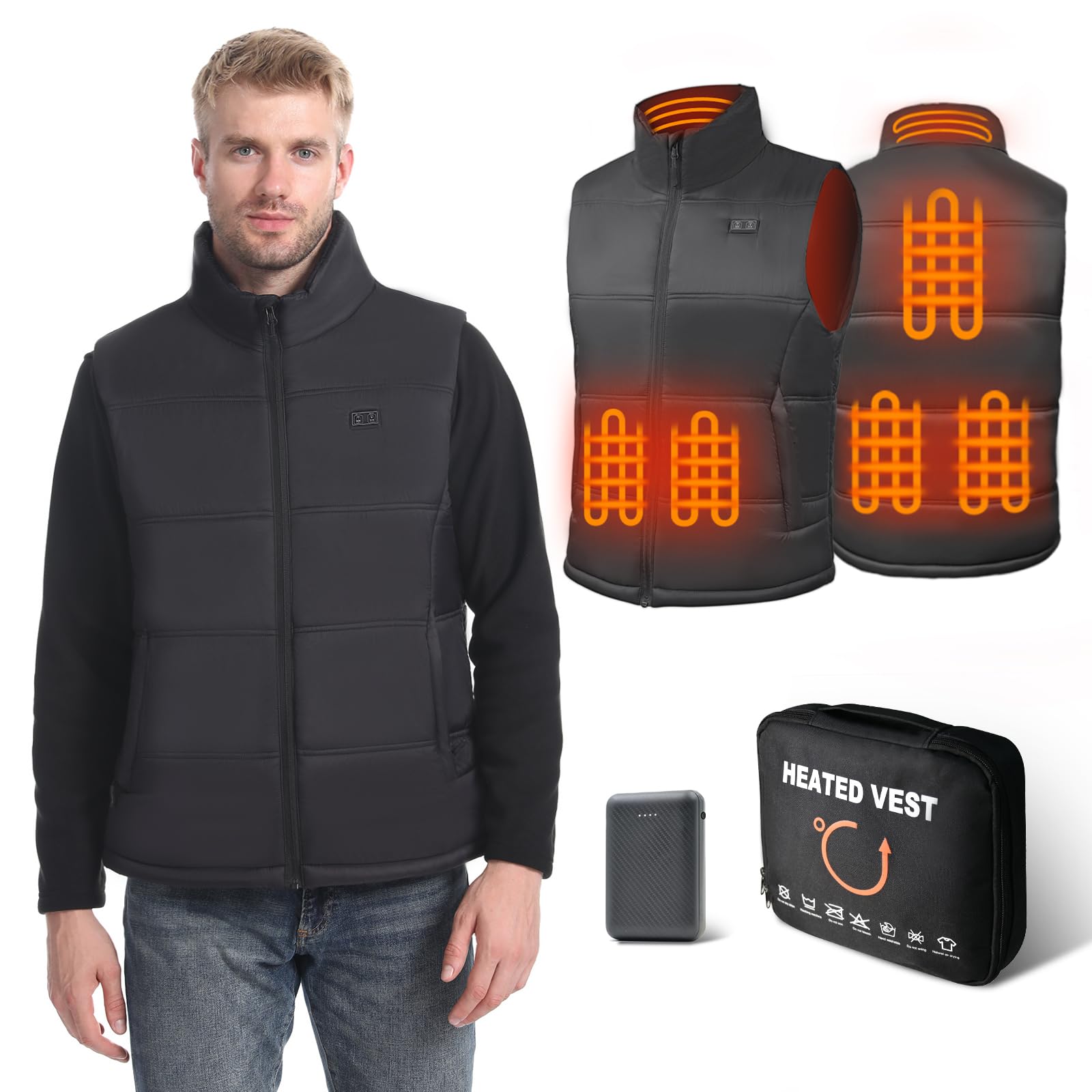 GAROERFAR Gilet Riscaldato Uomo con Batteria 12000mAh Inclusa, Giacca Riscaldata Uomo con 6 Zone di Riscaldamento, Gilet Riscaldato Elettrico Ideale per Campeggio, Caccia e Moto