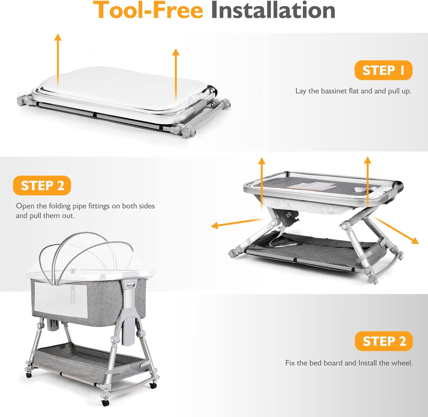 SPS Baby Bassinet Bedside Sleeper with Storage Basket and Wheels,Easy Folding Bedside Crib,Adjustable Height Portable Baby Bed for Newborn Infant image 7 of 8 B0BKSW2F1W