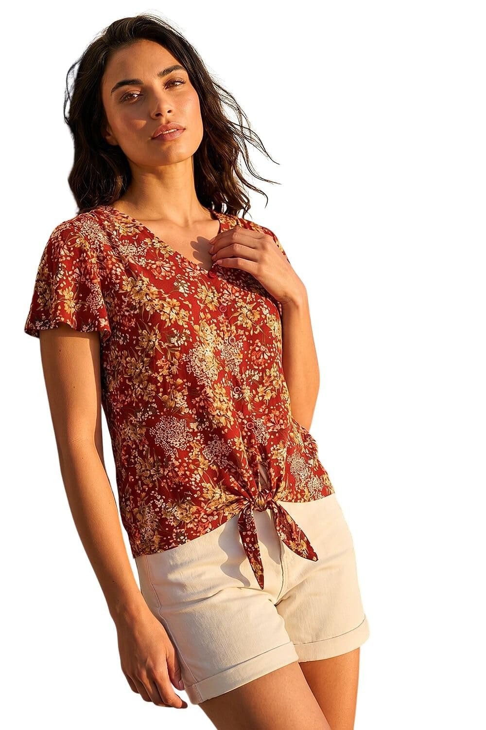 Roman Women's Floral Tie Front Stretch Top in Red | Size: 20