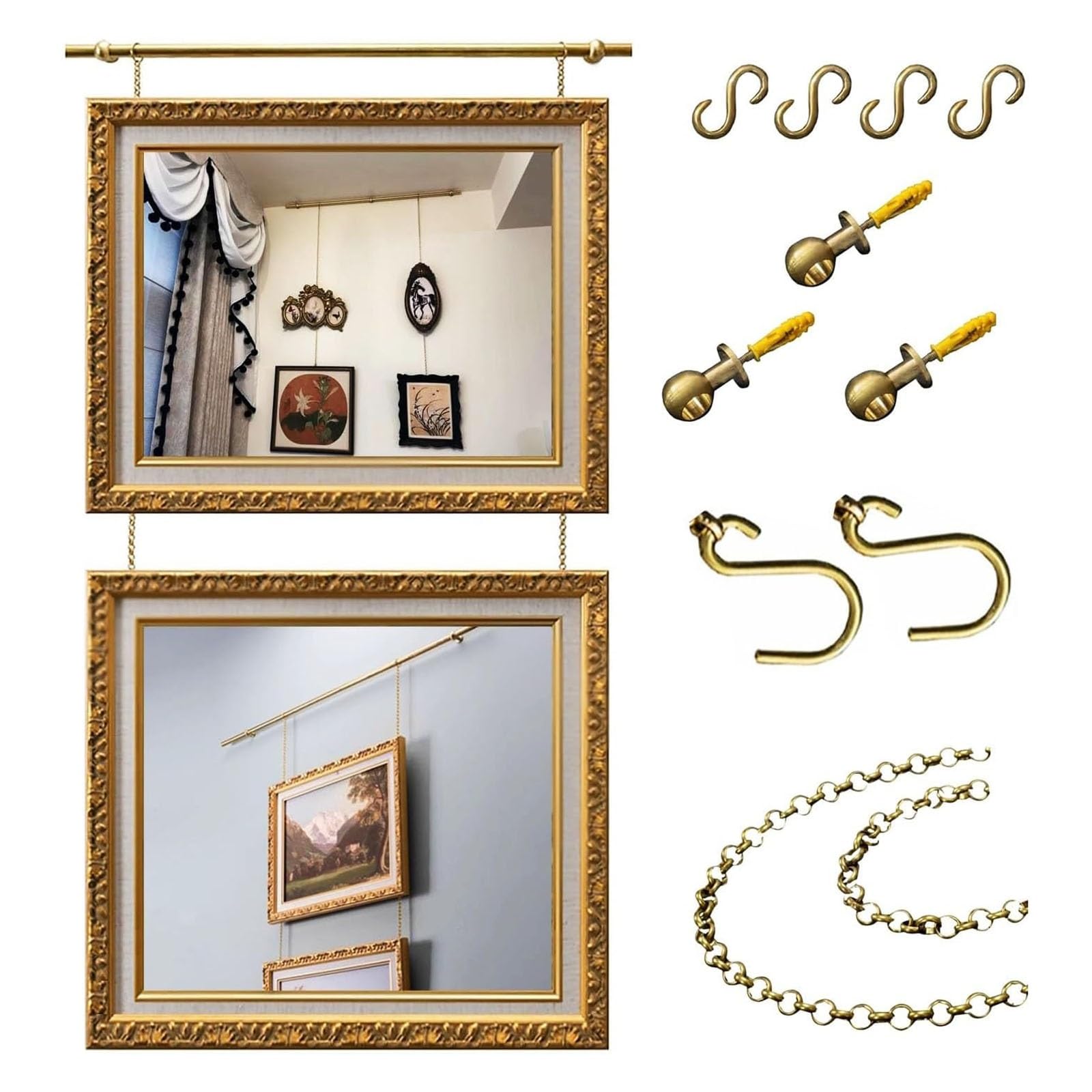 BiSaXieTa Brass Picture Rail Hanging System, Gallery Art Picture Hanging Track, Indoor Art Display Rod, with Adjustable Chains & S Hooks(0.7m(27.6") Rod)