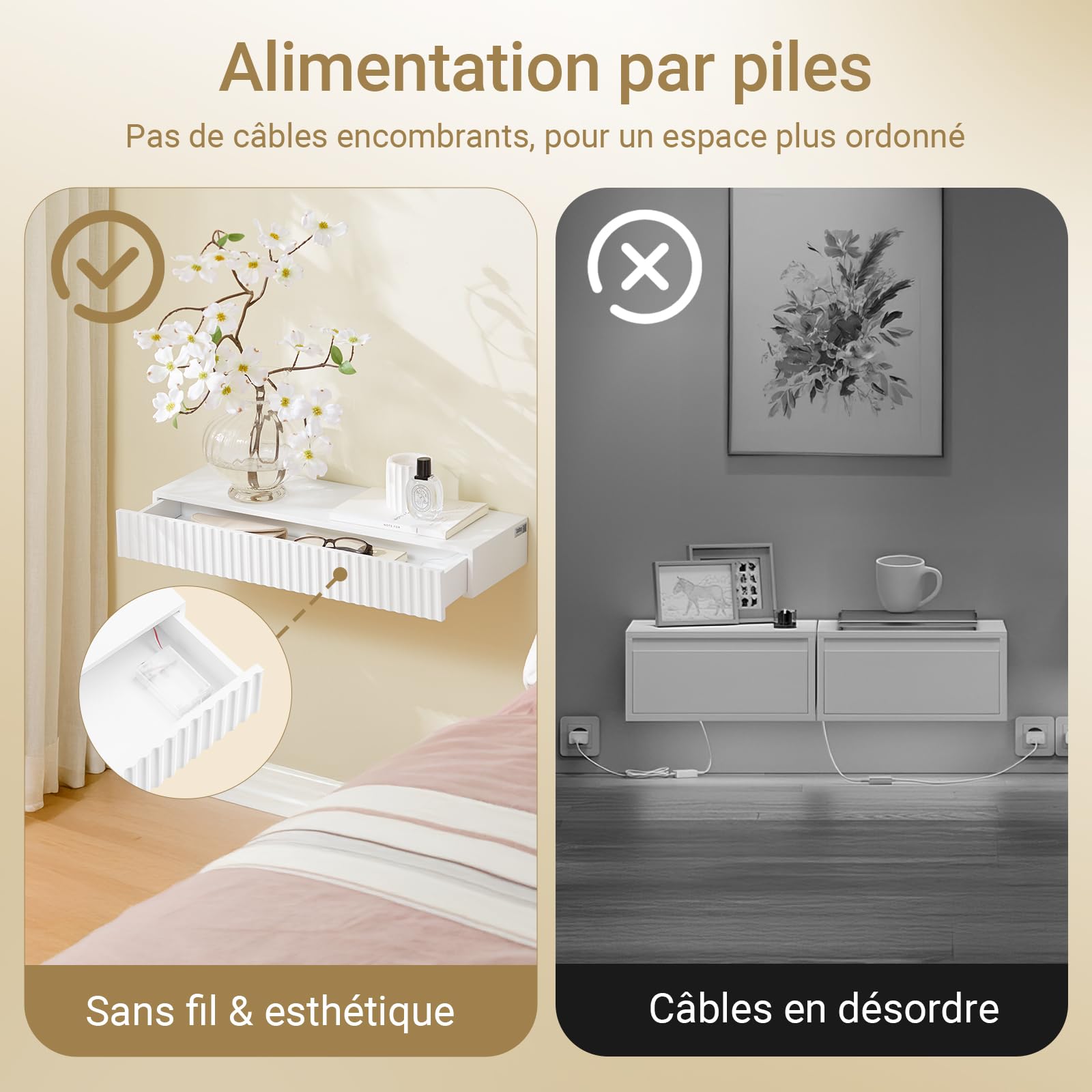 SoBuy Étagère Murale Flottante avec tiroir & éclairage LED à détecteur de Mouvement, pour Chambre, entrée & Salon, à Piles, L60 × P20 × H8 cm, Blanc, FHK38-W
