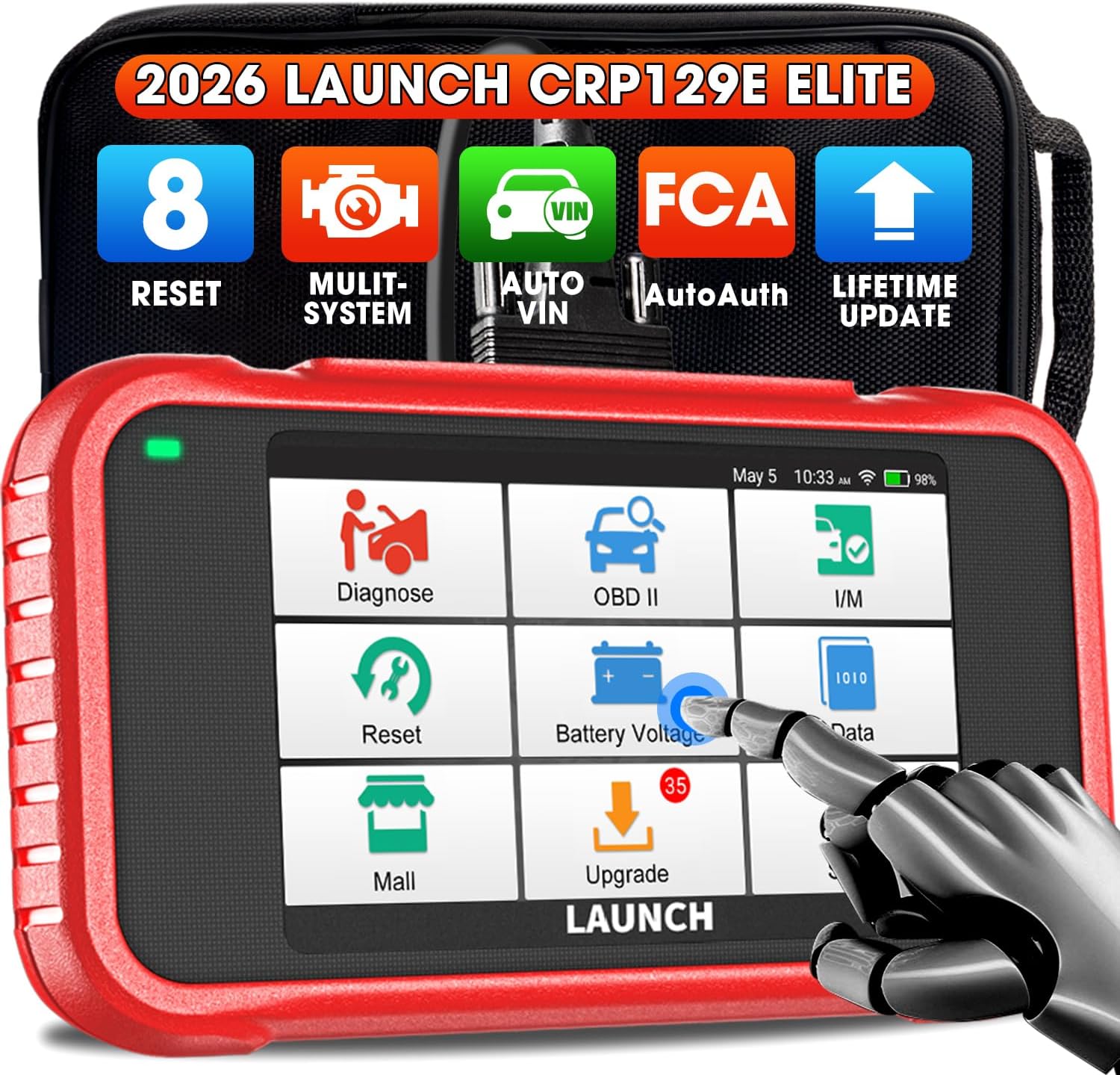 LAUNCH CRP129E 2026 OBD2 Scanner, 8 Reset Oil/EPB/TPMS/SAS/BMS/Throttle/DPF Reset, Injector Coding, ABS SRS Transmission Engine Code Reader, Lifetime Free Update Diagnostic Scan Tool, Auto VIN