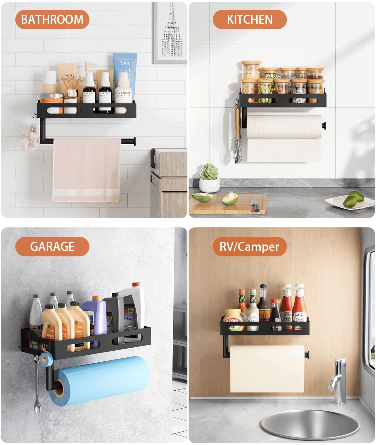 Soporte de pared para toallas de papel para cocina, lágrima con una sola mano, soporte para toallas de papel de baño con estante, estante para especias y toallero de papel para caravana, soporte para 6