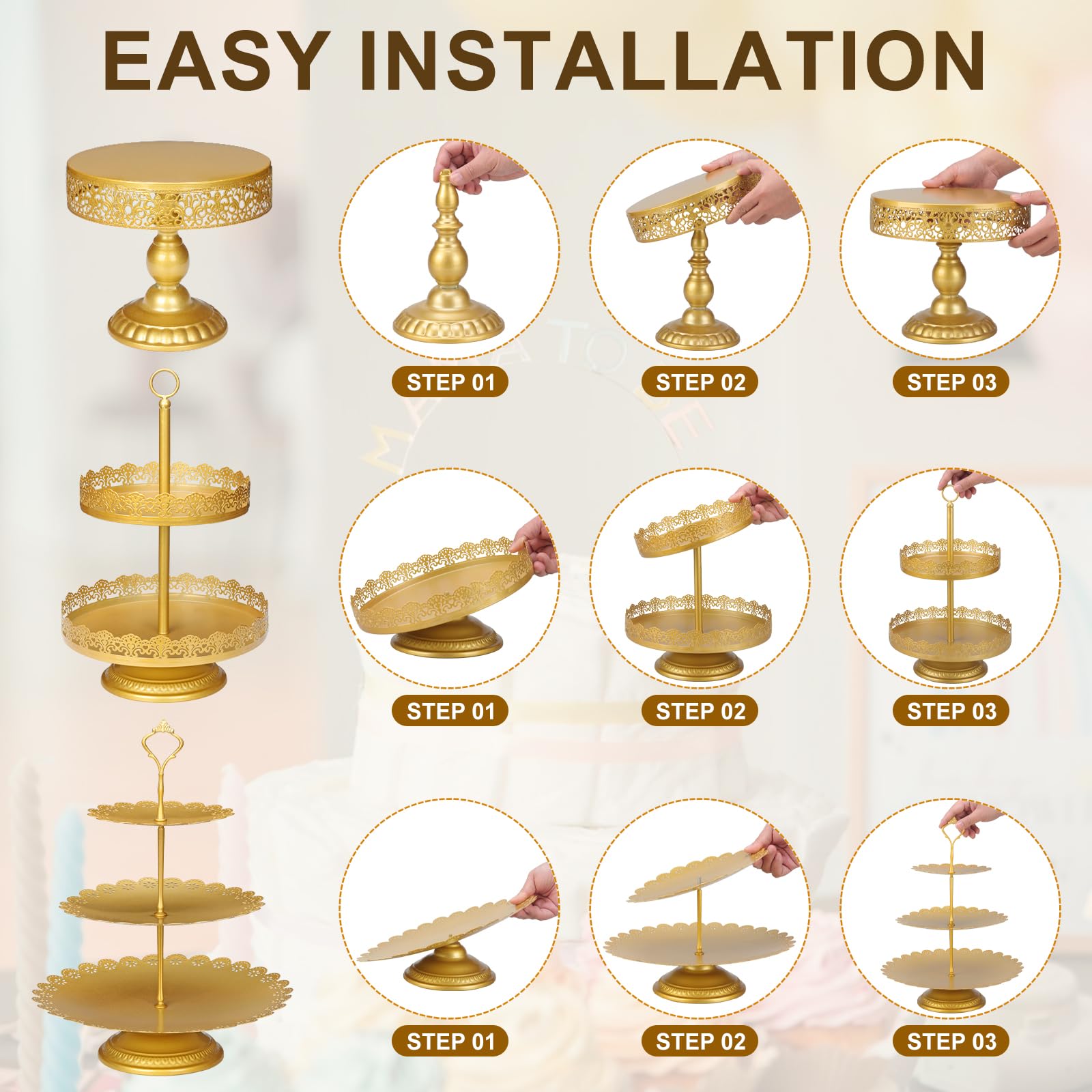 Juego de 10 soportes dorados para tartas, soporte de metal para cupcakes, mesa de postre, bandeja de servir para cumpleaños, boda, fiesta, celebración