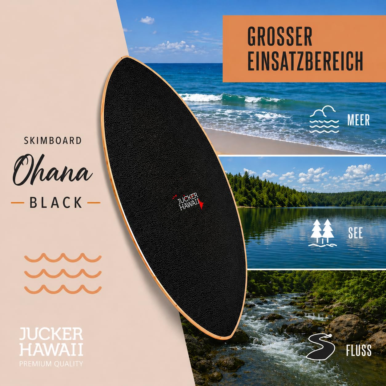 JUCKER HAWAII Skimboard Ohana Black | Skimboard mit vollflächigem Anti-Rutsch-Belag für optimalen Halt | Premium Skimboard für Anfänger und Profis | Perfekt für Strandabenteuer und Tricks