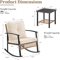 Vista 6 de COSIEST Juego de 3 sillas mecedoras para exteriores, muebles de patio de ratán con cojines gruesos y cálidos beige y mesa auxiliar de almacenamiento