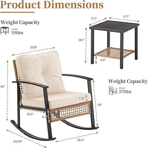 Miniatura 6 de COSIEST Juego de 3 sillas mecedoras para exteriores, muebles de patio de ratán con cojines gruesos y cálidos beige y mesa auxiliar de almacenamiento