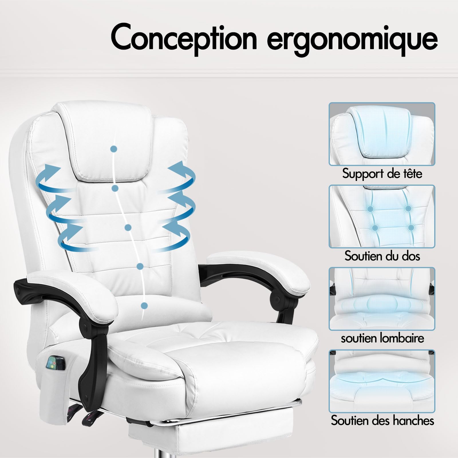 ALFORDSON Chaise de bureau ergonomique, Fauteuil avec fonction de massage thermique, chaise d'ordinateur en cuir PU avec accoudoirs rembourrés et appui-tête souple, chaise pivotante à roulettes, Blanc