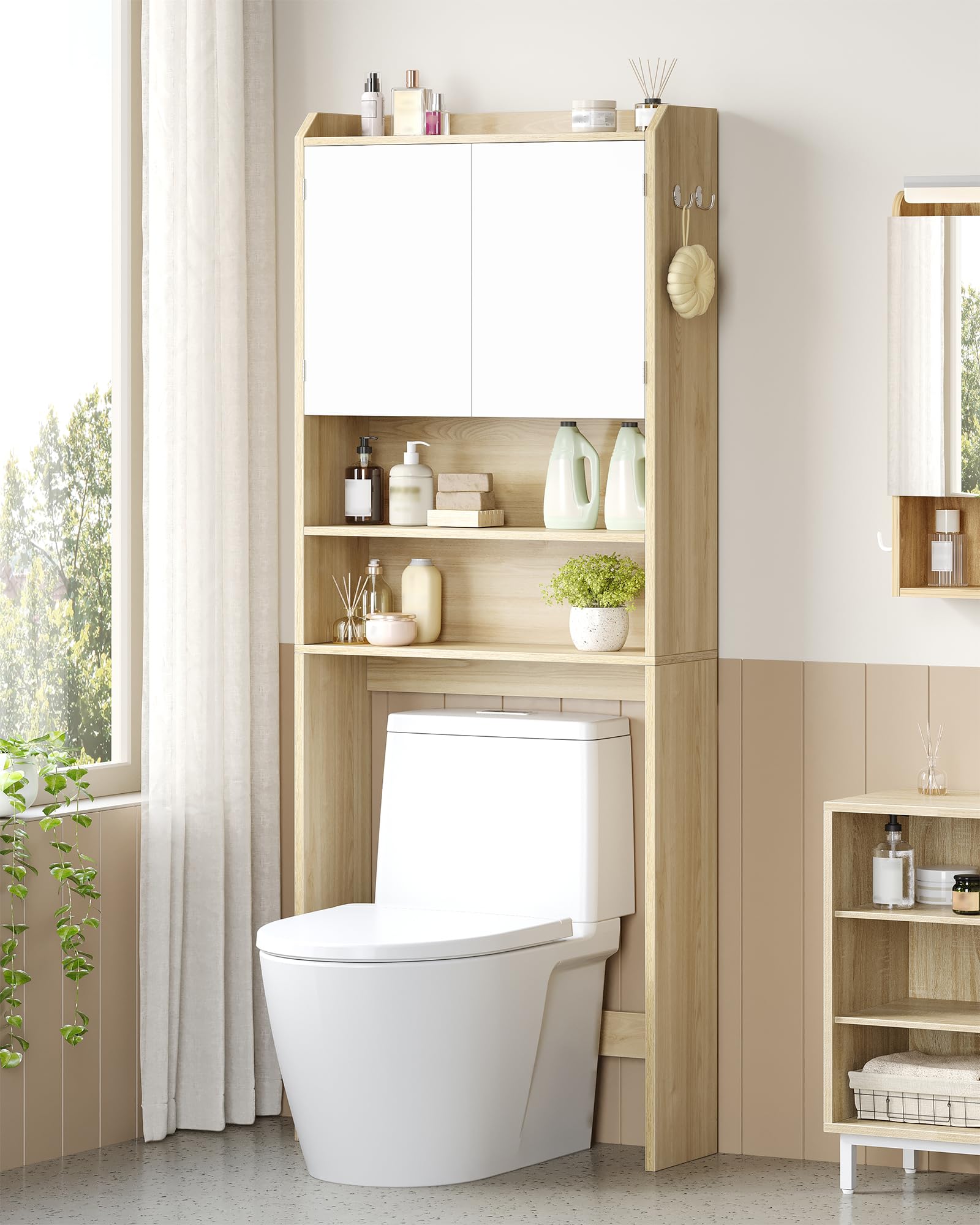 Hzuaneri Mobile lavatrice,24 x 65 x 185cm, Rip. regol.,Bianco-Rovere | 2 ripiani apribili, Mobile sopra lavatrice, Stile moderno minimalista, Porta WC doppia anta, LR65031X