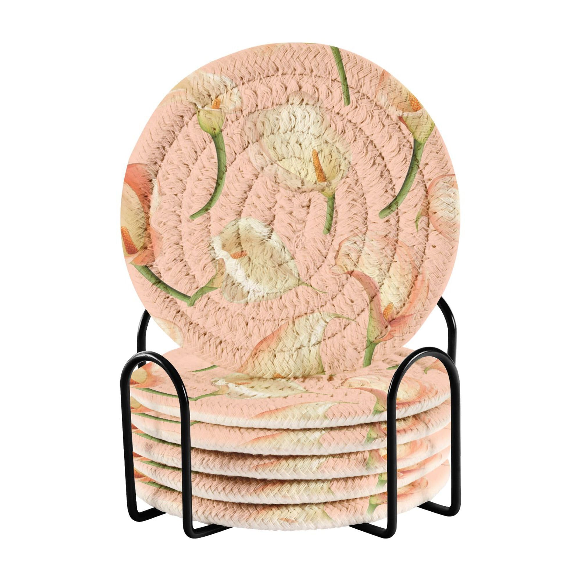Unique Calla Lily Peach Cotton Rope Drink Coasters Set with Holder Set of 6 Table Coasters