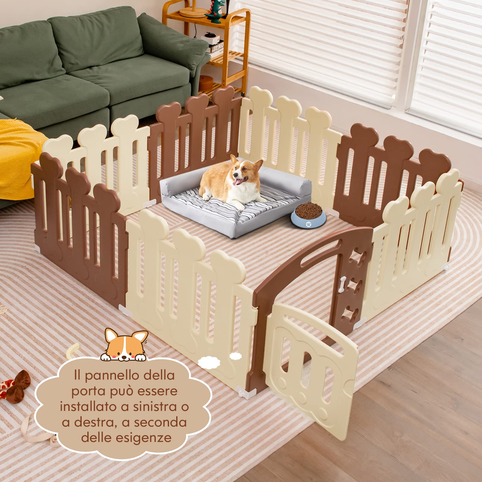 COSTWAY Recinto per Animali con 8 Pannelli, Cancelletto per Cani e Cognigli in HDPE con Porta, Chiusura e Angoli Sicuri, Cancello per Animali da Interno ed Esterno (Marrone e Beige)