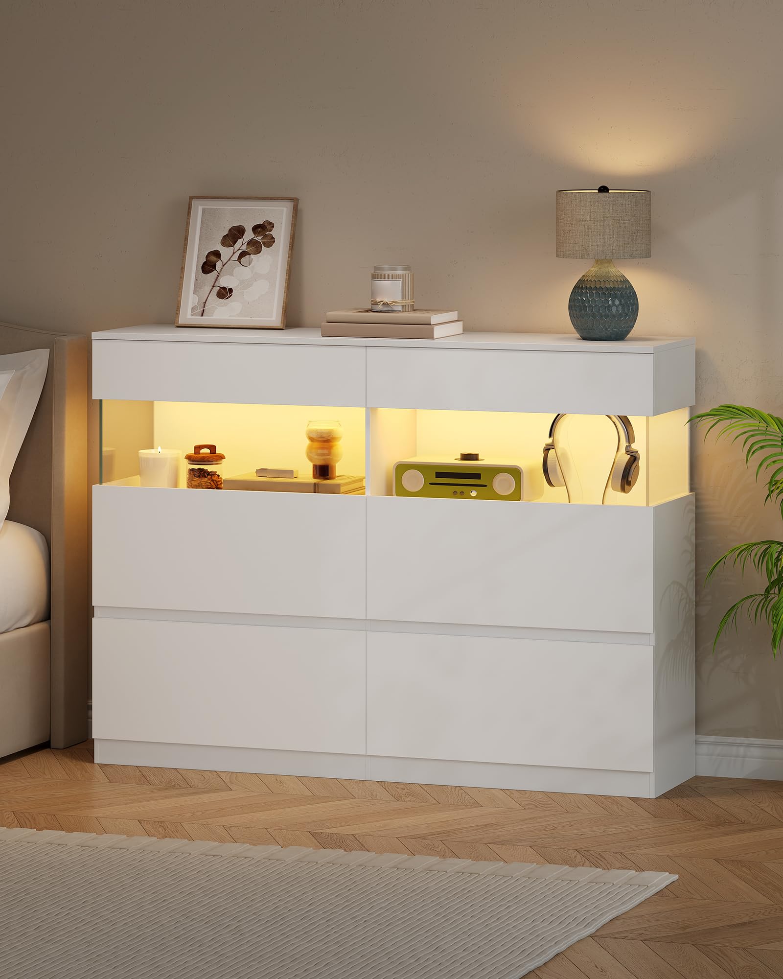 Hzuaneri 140cm Kommode mit LED-Beleuchtung und 2 Glas-Vitrinenelementen