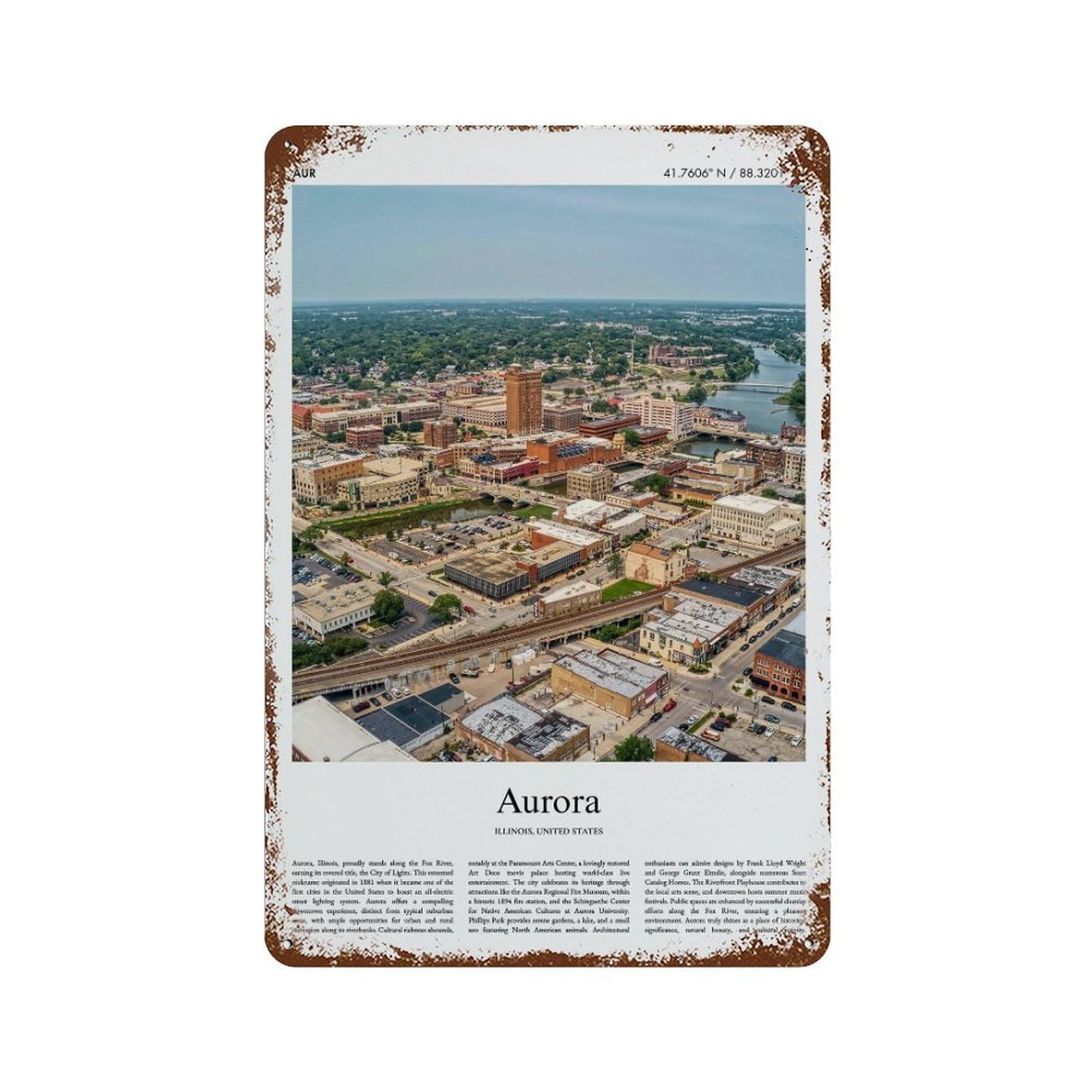xiaoxiaoshen Aurora Illinois, United States, USA City Scenery Wall Decor Art Metal Tin Poster Modern Home Decor Art Home Bar Shop Decorations Vintage Sign 30x20cm