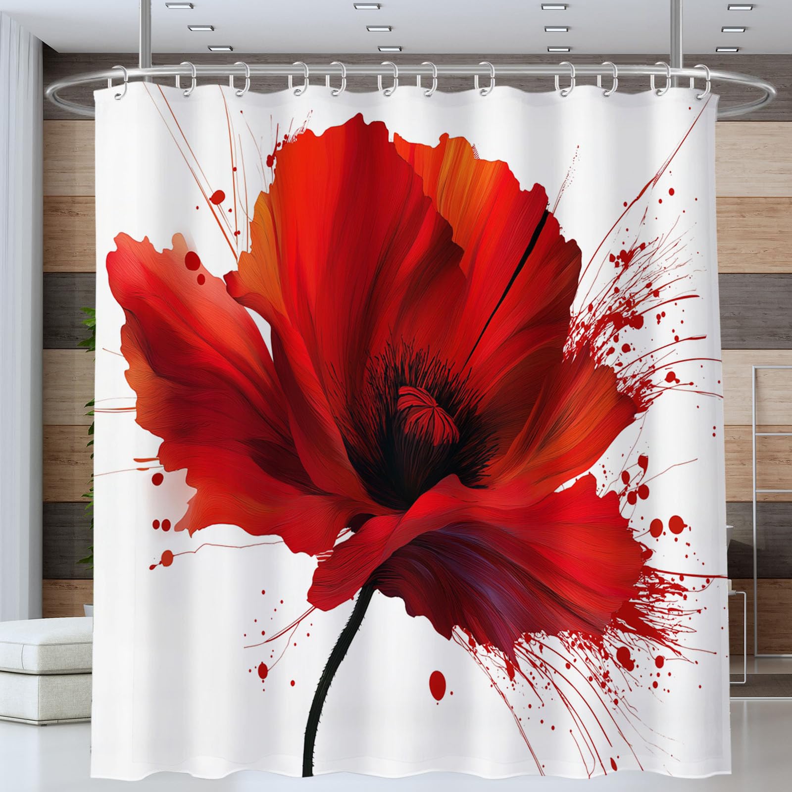 Rote Mohnblume Duschvorhang 240x200cm,Aquarell Blumen Rot Bad Waschbar Duschvorhänge Polyester Textil Wasserdicht Badevorhang für Badewanne mit 12 Haken