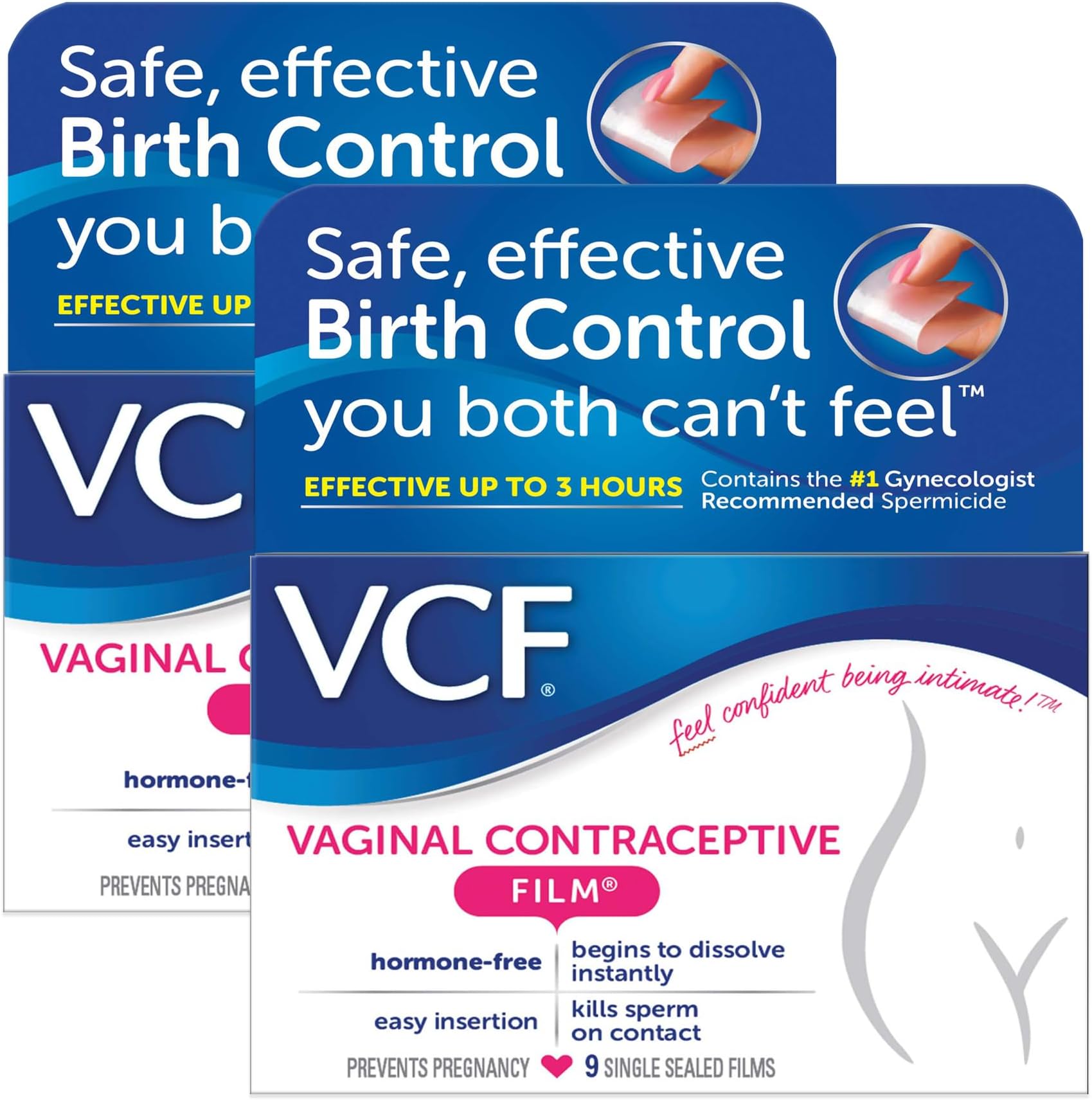 VCF Vaginal Contraceptive Film With Spermicide, 2 Boxes of 9 Prevent Pregnancy, Nonoxynol-9 Kills Sperm on Contact, Hormone-Free, Easy to Use, Unnoticeable, 18 Total