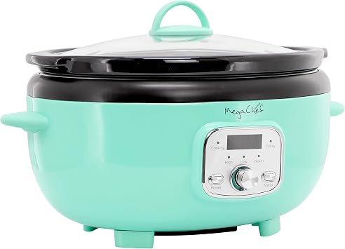 MegaChef 6.9 Quart Oval Electric Slow Cooker, Removable Ceramic Pot, 3 Heat Settings, Kitchen Appliance, Countertop Cooker (Turquoise)