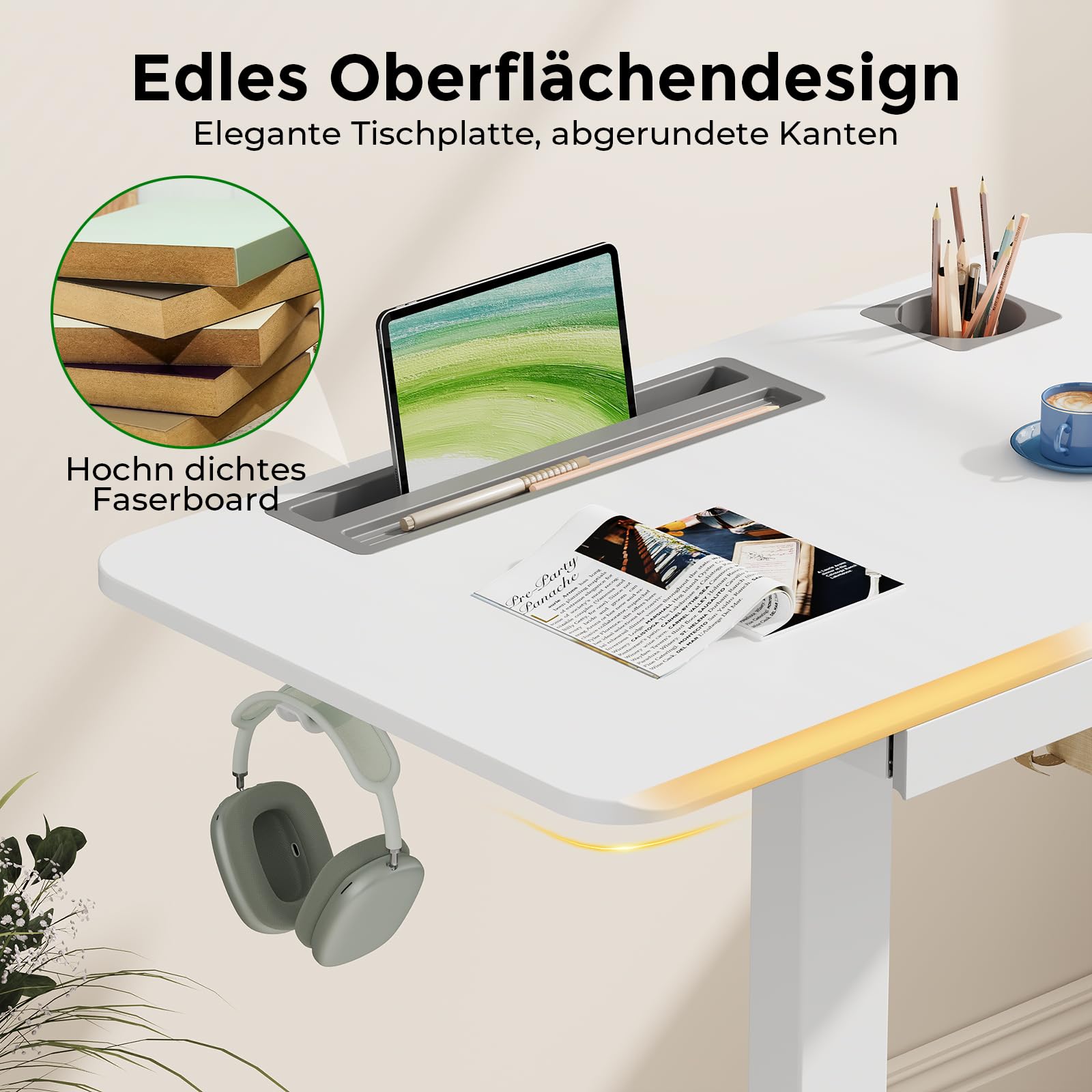Gibbon Mounts 70x50cm höhenverstellbarer Schreibtisch mit Schublade, Rollen | Weiß Mobiler Laptoptisch mit Handyfach, Halter & Haken, 3cm flacher Sockel für enge Lücken, 4 bremsbare Räder als Ersatz inkl