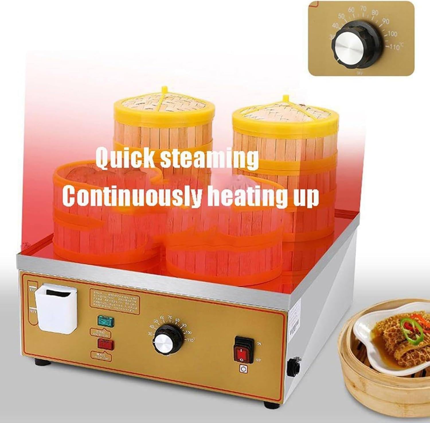 Kommerzielle Brötchenmaschine für Lebensmittel, elektrische Dampfbrötchenmaschine mit sechs Löchern, mit verdicktem Temperaturregler aus Edelstahl und verbreitertem Wassereinspritzanschluss für Früh
