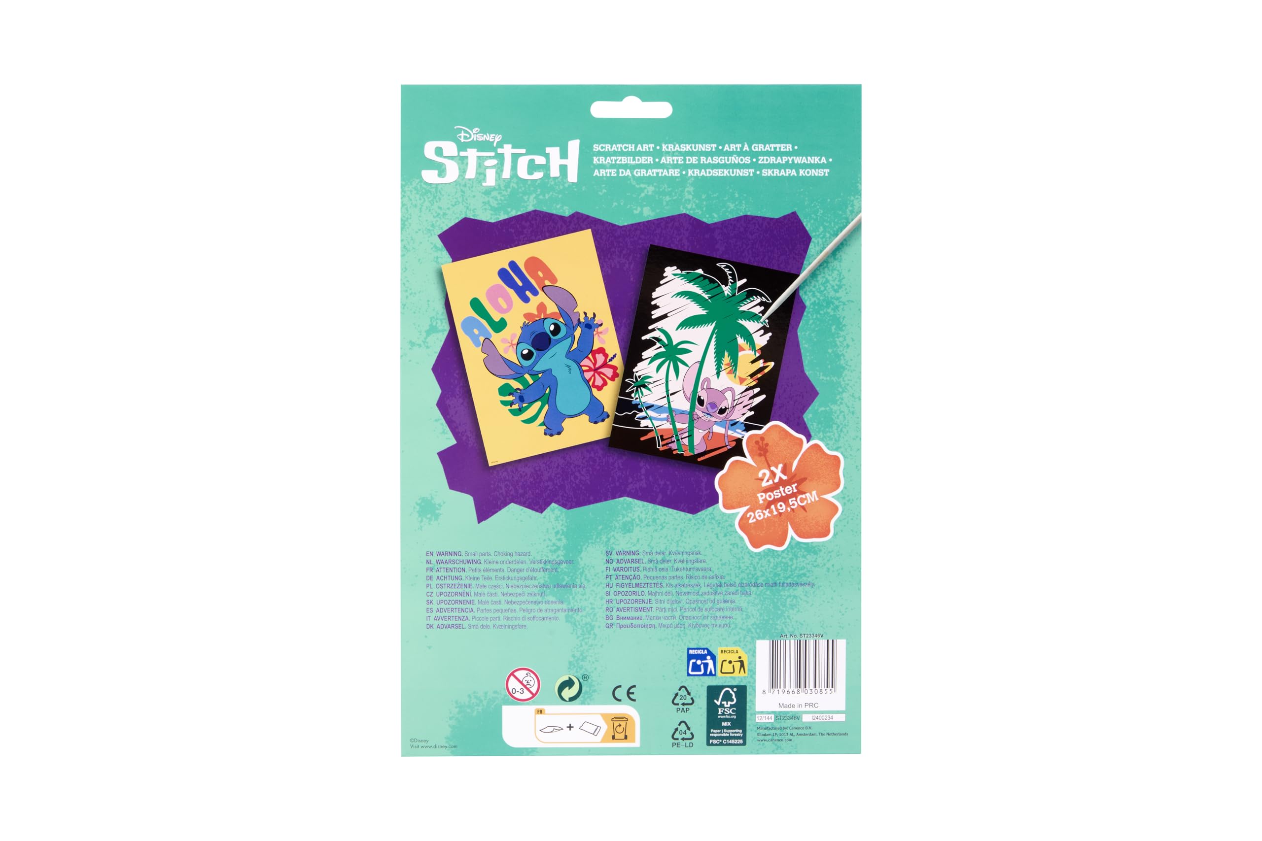 Disney Stitch zestaw obrazów do zdrapywania dla dzieci, kreatywna sztuka drapania z 2 dużymi plakatami, 26 x 19,5 cm, w zestawie drewniany pisak do drapania, efekt tęczy, zestaw do malowania od 3 lat